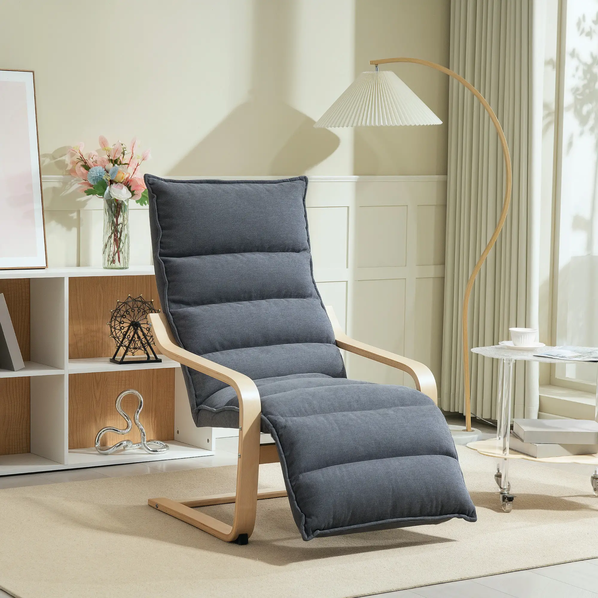 Accent Chair, Velvet Upholstered Living Room Chair with Footrest, Wood Frame, Dark Grey - Image 5
