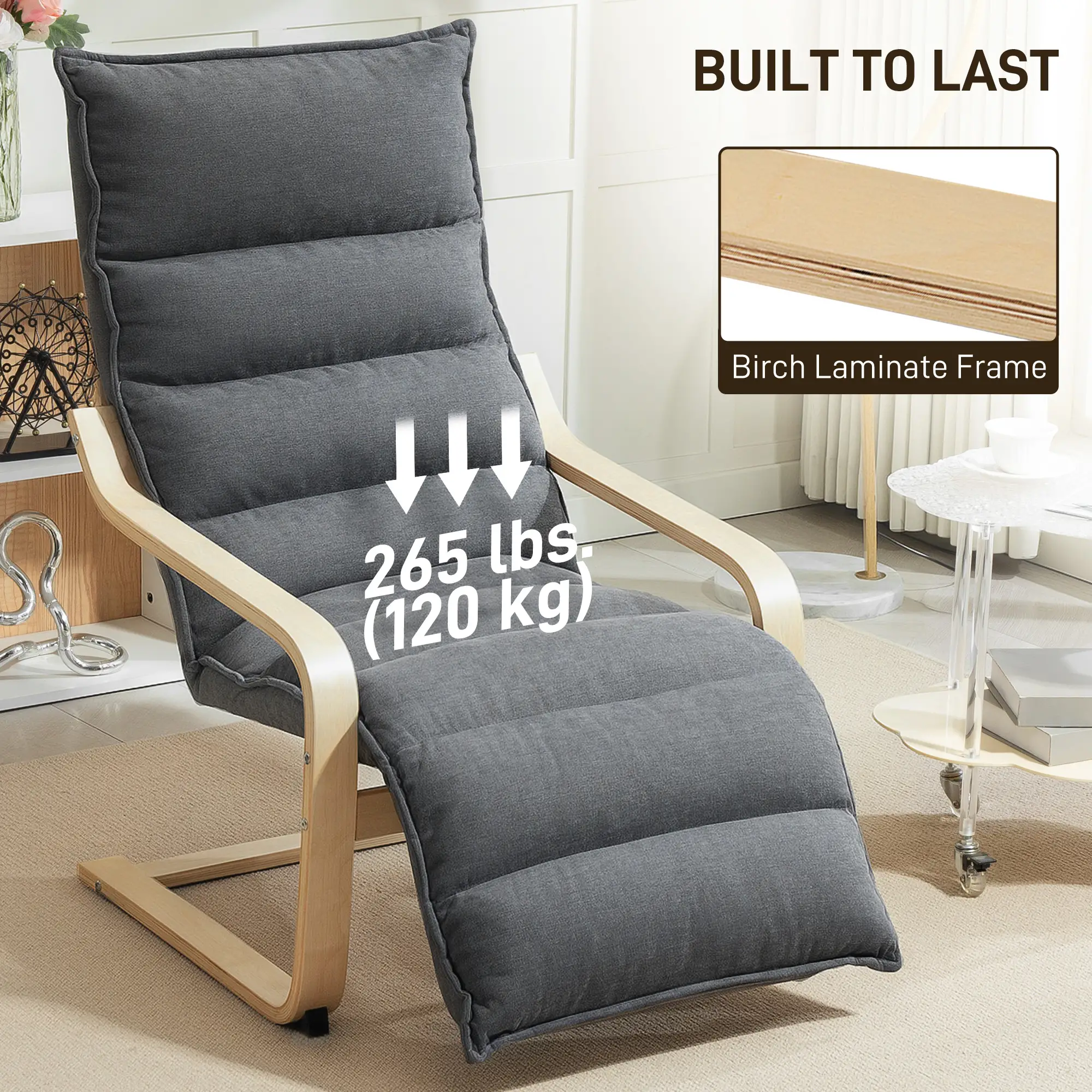 Accent Chair, Velvet Upholstered Living Room Chair with Footrest, Wood Frame, Dark Grey - Image 7