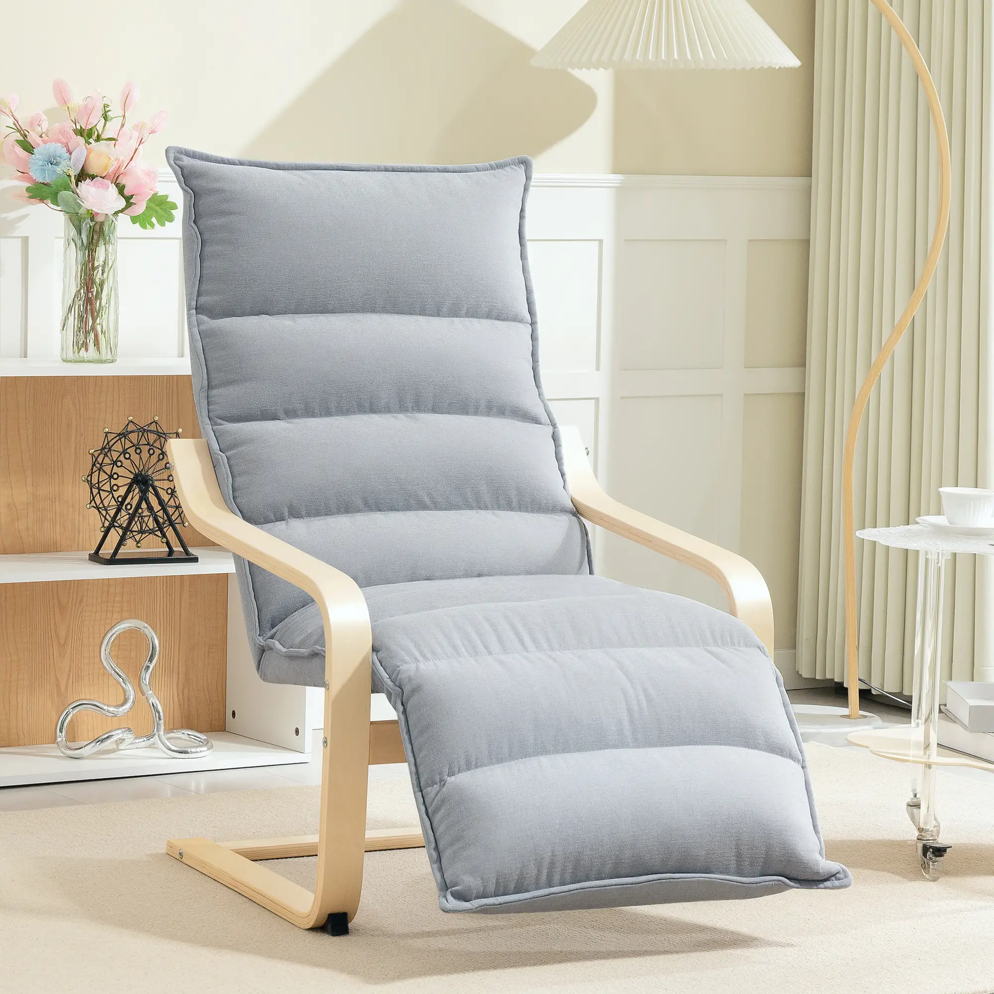 Accent Chair, Velvet Upholstered Living Room Chair with Footrest, Wood Frame, Light Grey - Image 2