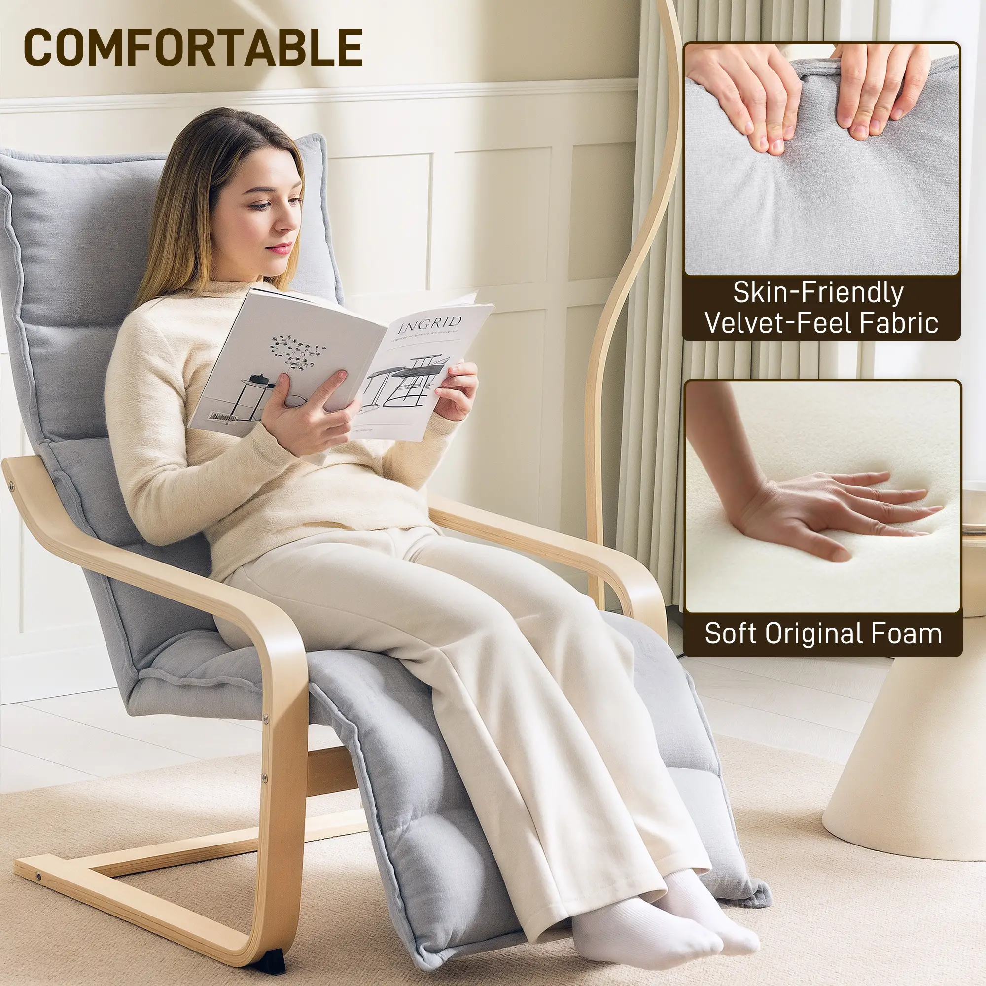 Accent Chair, Velvet Upholstered Living Room Chair with Footrest, Wood Frame, Light Grey - Image 4