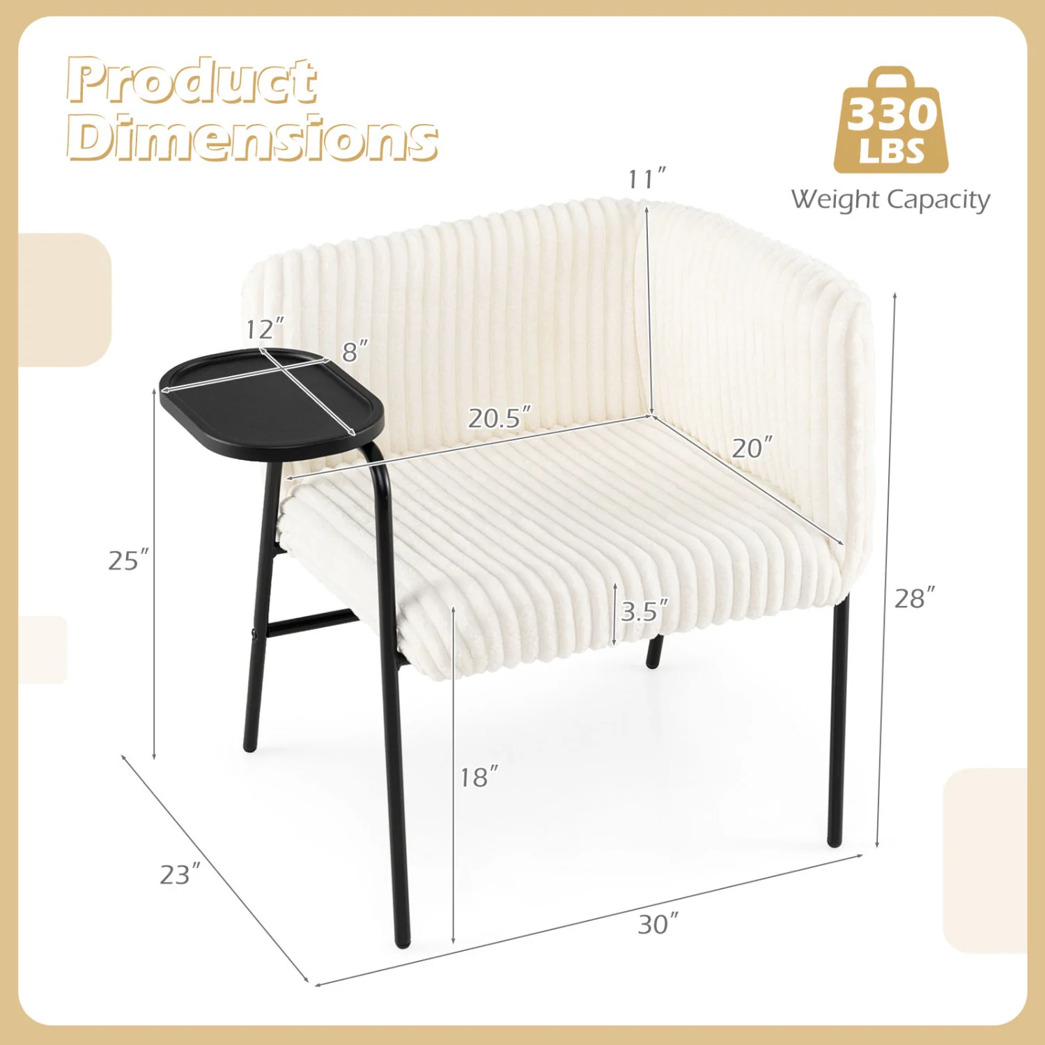 Accent Chair with Tray Table, Metal Frame, Beige - Image 5