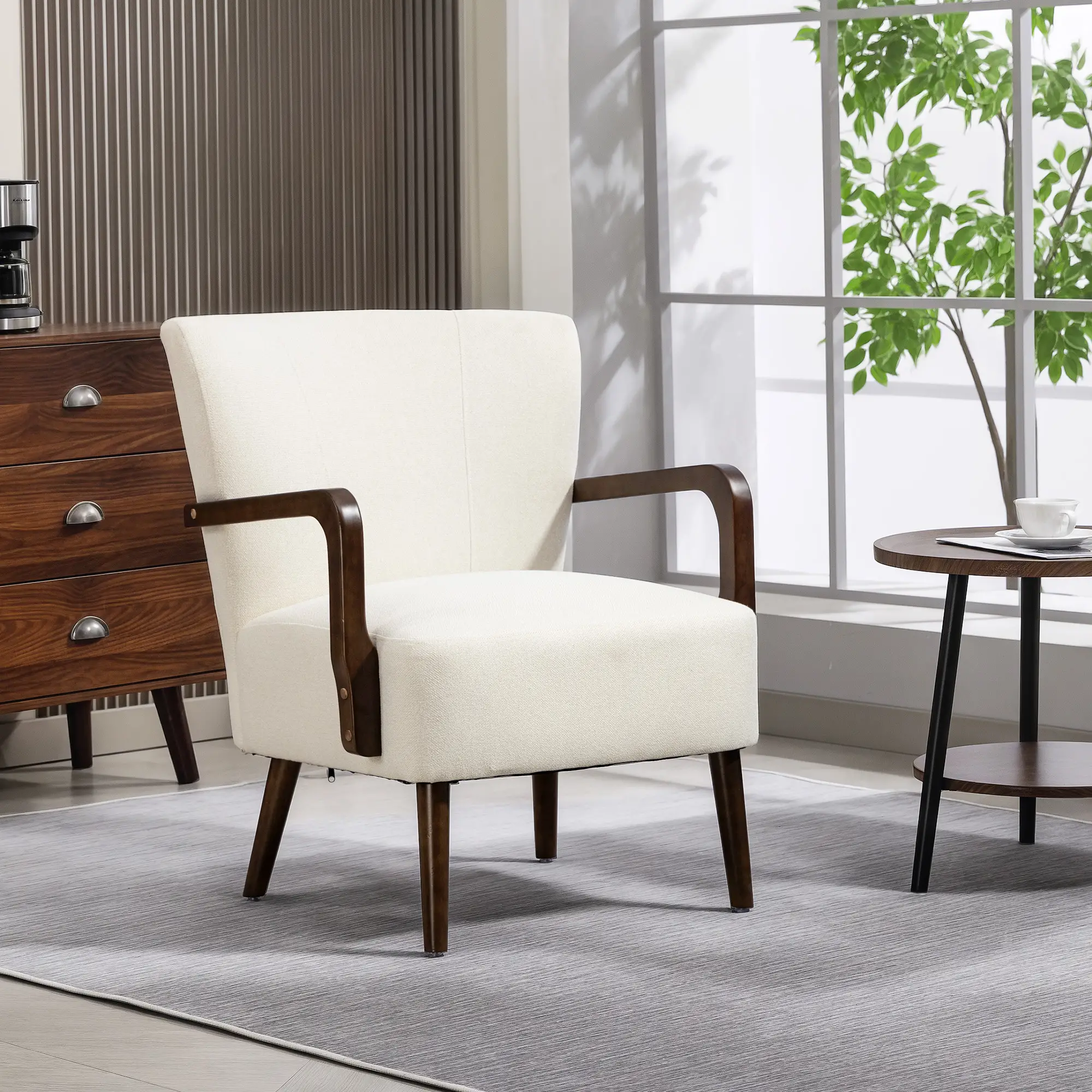 Accent Chair, Wooden Legs, Linen Fabric, Thick Padding, Cream White - Image 2