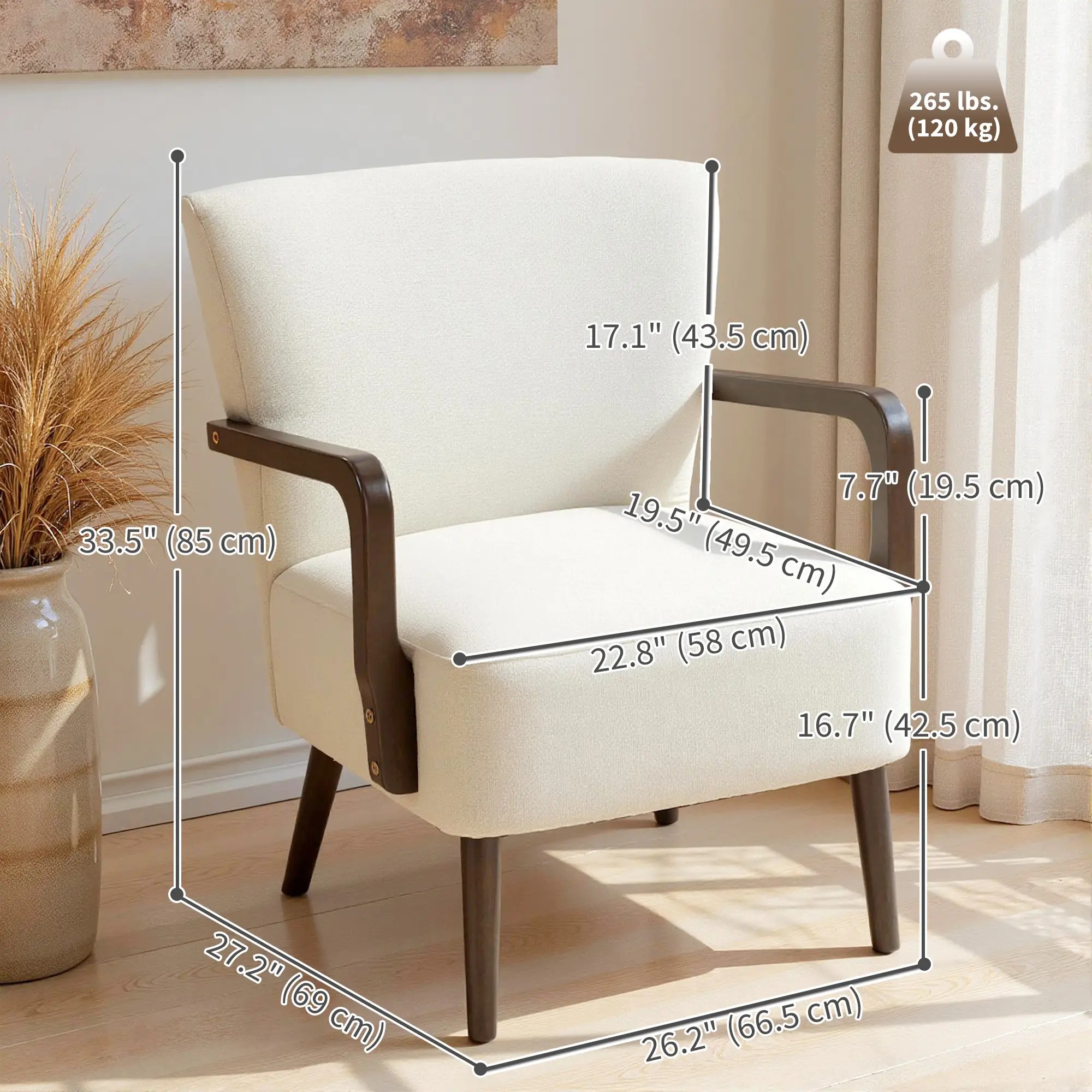 Accent Chair, Wooden Legs, Linen Fabric, Thick Padding, Cream White - Image 3