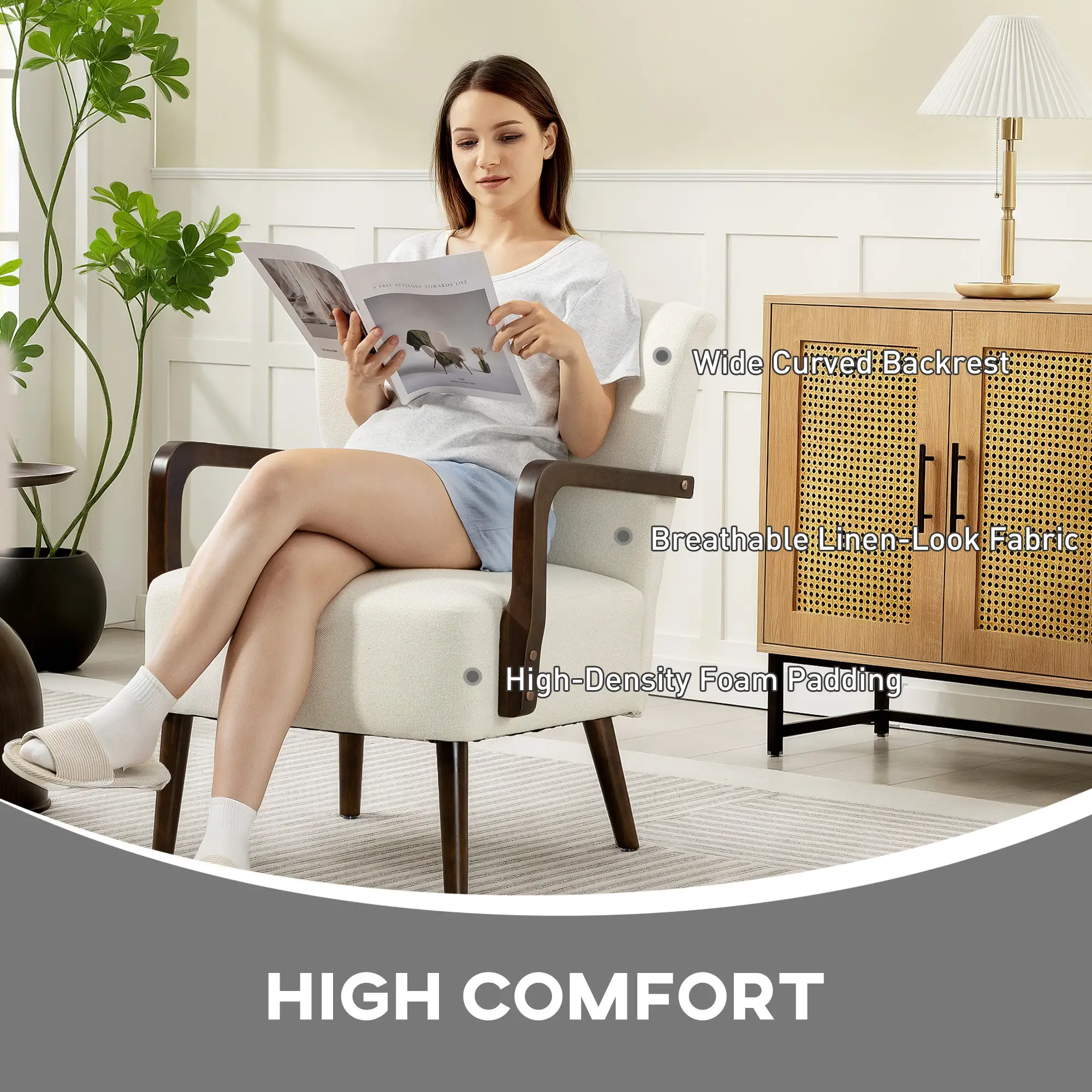 Accent Chair, Wooden Legs, Linen Fabric, Thick Padding, Cream White - Image 4