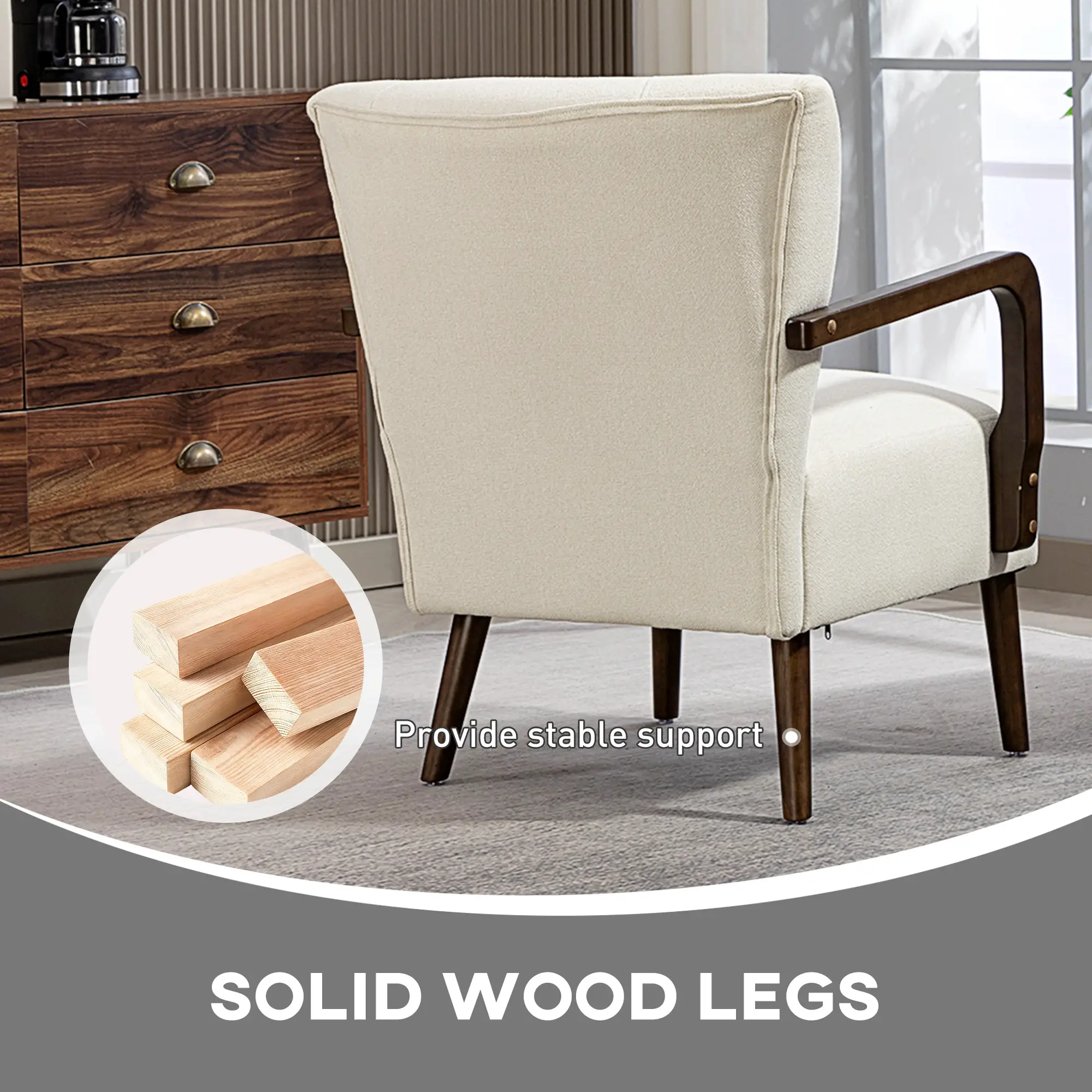 Accent Chair, Wooden Legs, Linen Fabric, Thick Padding, Cream White - Image 5