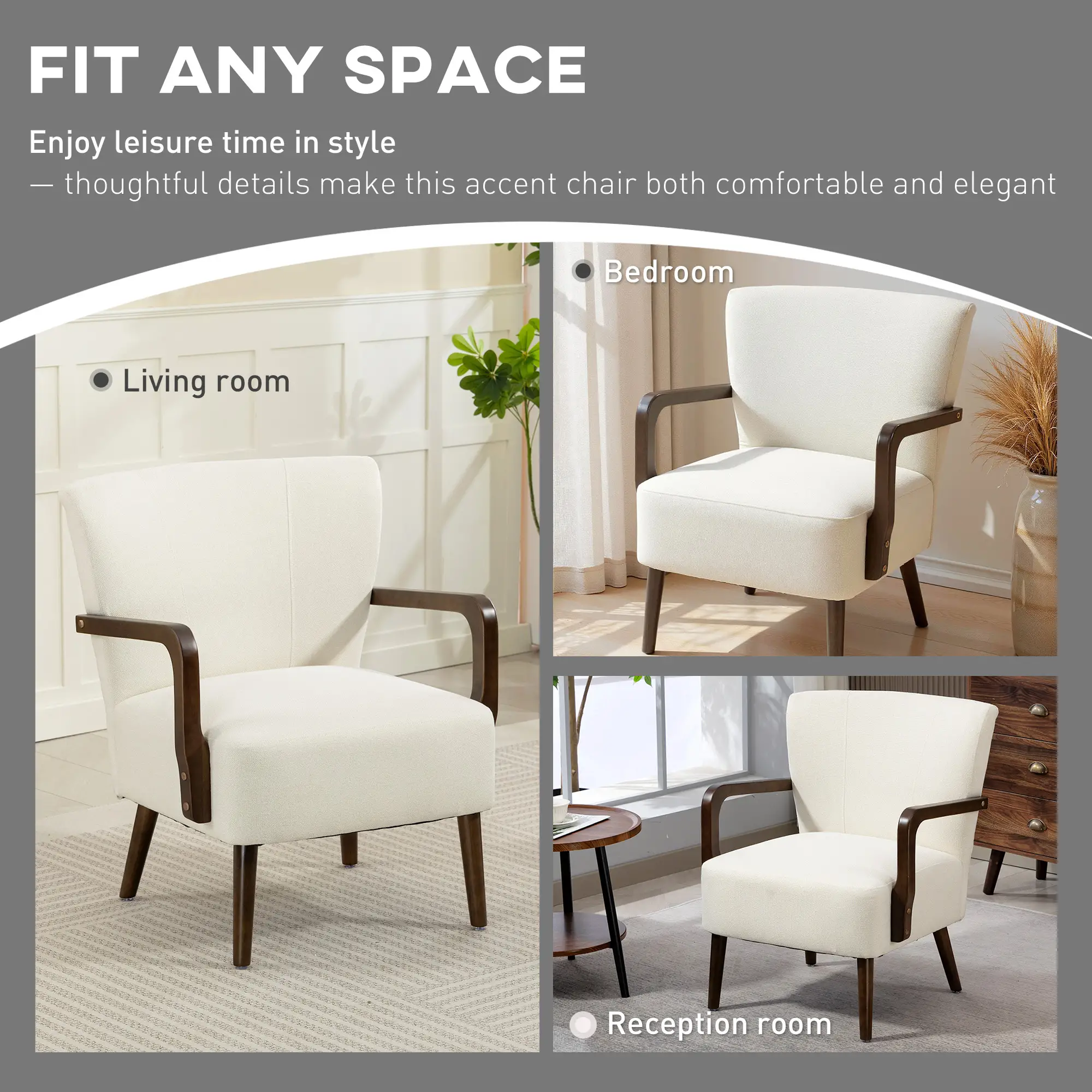 Accent Chair, Wooden Legs, Linen Fabric, Thick Padding, Cream White - Image 6