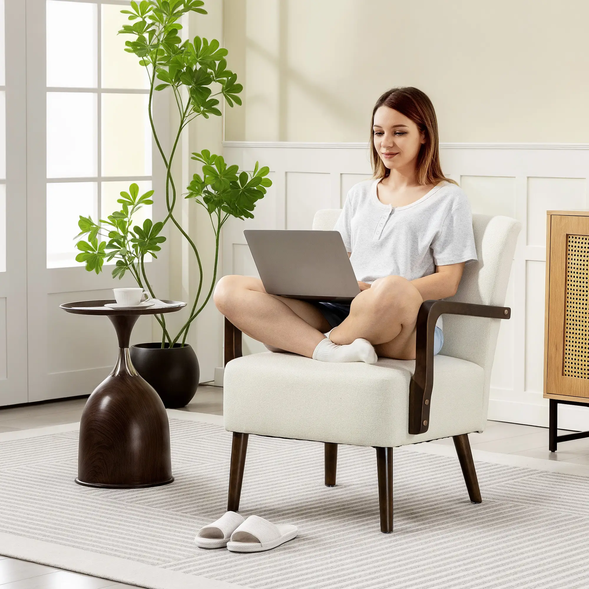 Accent Chair, Wooden Legs, Linen Fabric, Thick Padding, Cream White - Image 7