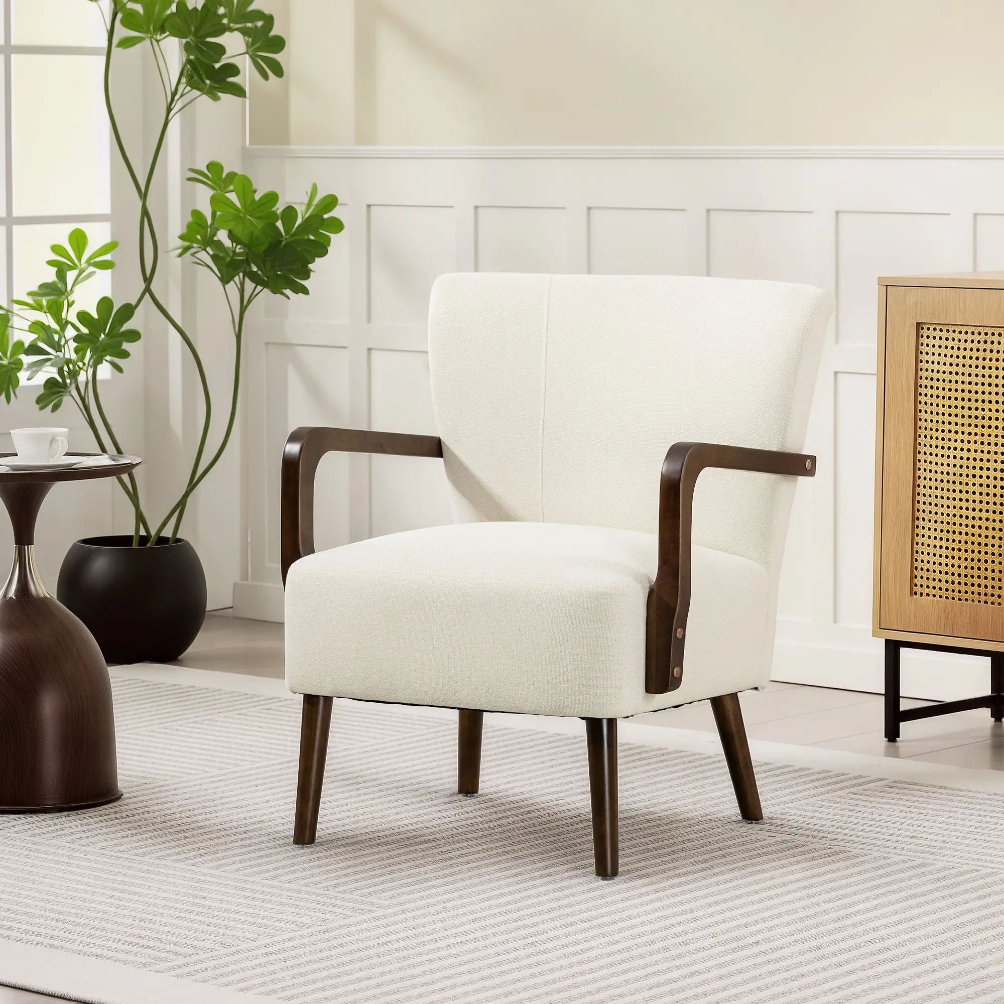 Accent Chair, Wooden Legs, Linen Fabric, Thick Padding, Cream White - Image 8