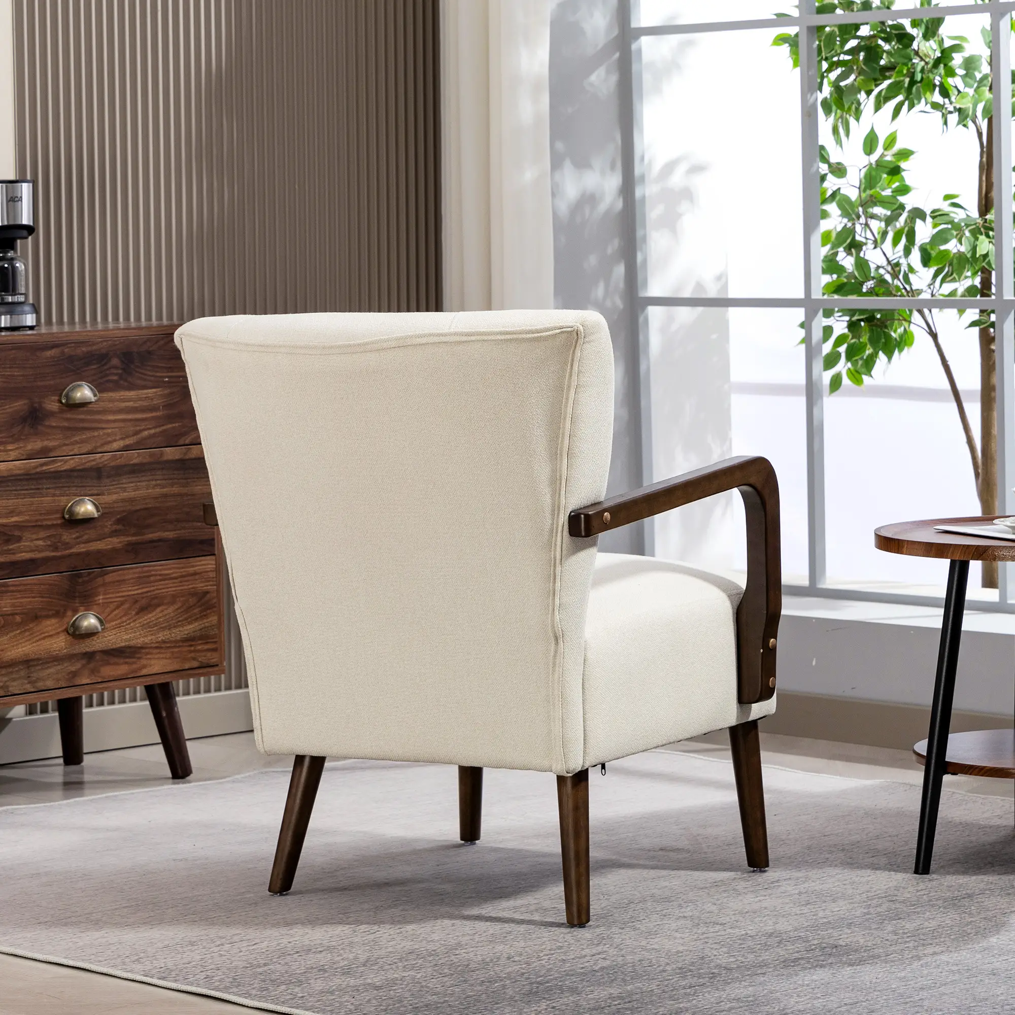 Accent Chair, Wooden Legs, Linen Fabric, Thick Padding, Cream White - Image 9