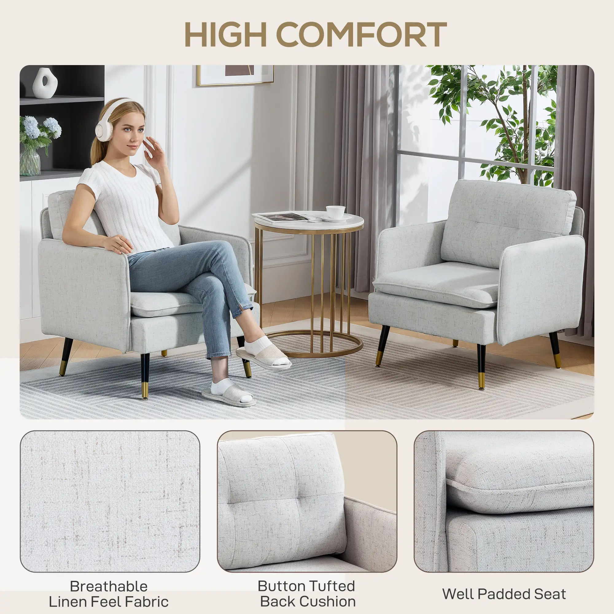 Accent Chairs Set of 2, Upholstered Armchairs, Tufted Back Cushion, Steel Legs - Image 4