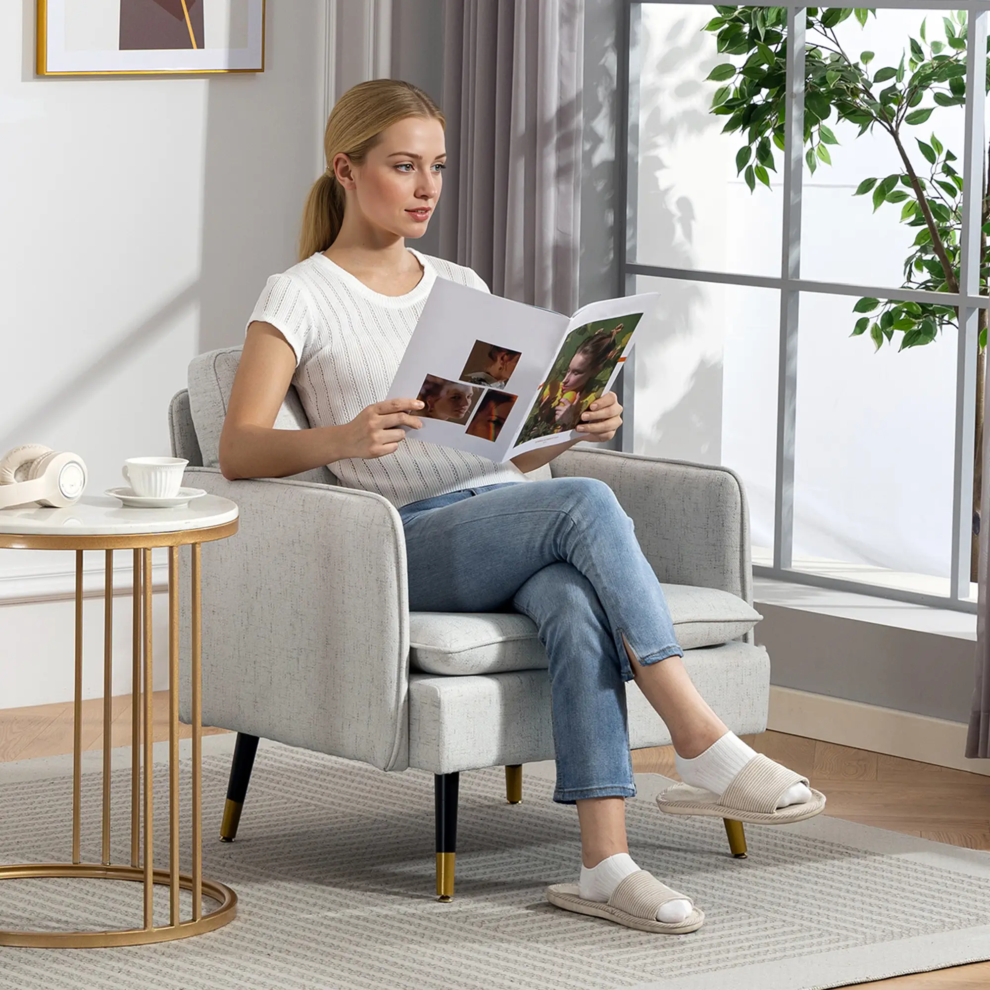 Accent Chairs Set of 2, Upholstered Armchairs, Tufted Back Cushion, Steel Legs - Image 8