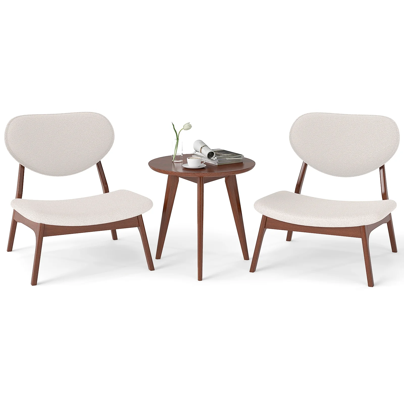 Accent Chairs Set Of 2 With Side Table, Solid Wood Frame, Beige