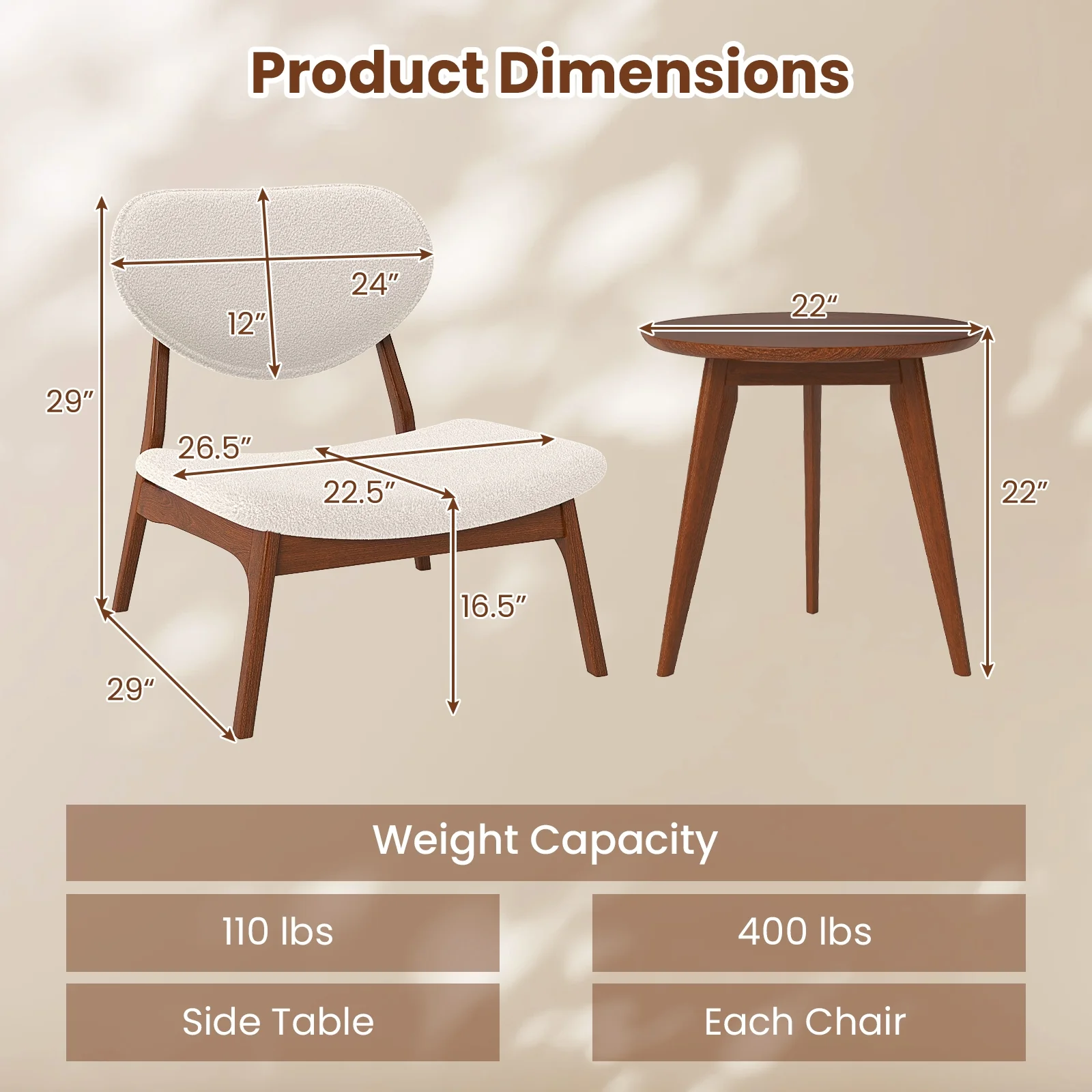 Accent Chairs Set Of 2 With Side Table, Solid Wood Frame, Beige - Image 6