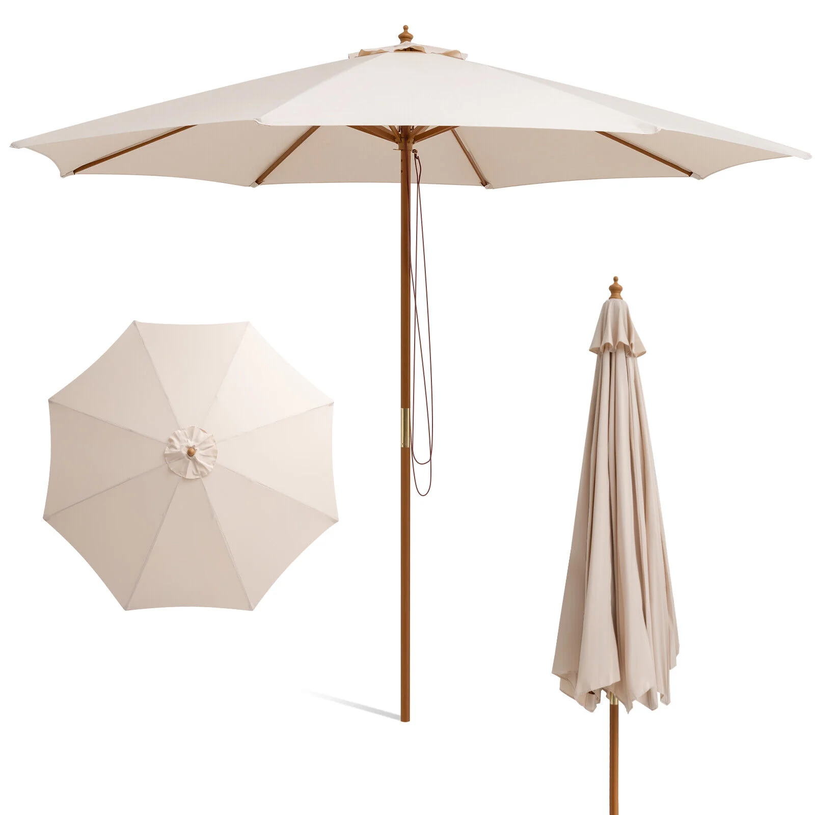 Adjustable 10 Feet Wooden Outdoor Umbrella, Beige - Image 5