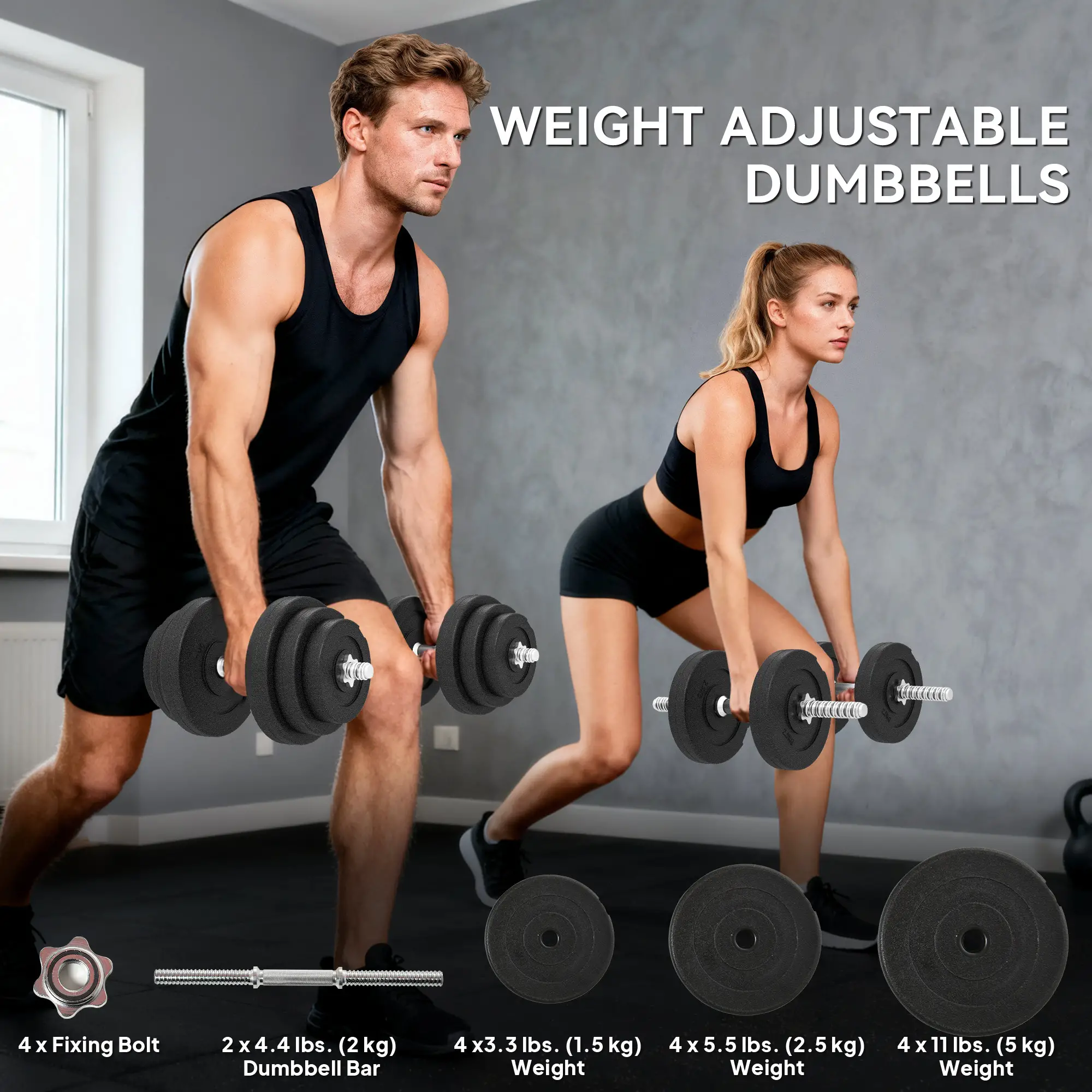 Adjustable 2 x 44lbs Dumbbell Set, Fitness Training, Black - Image 4