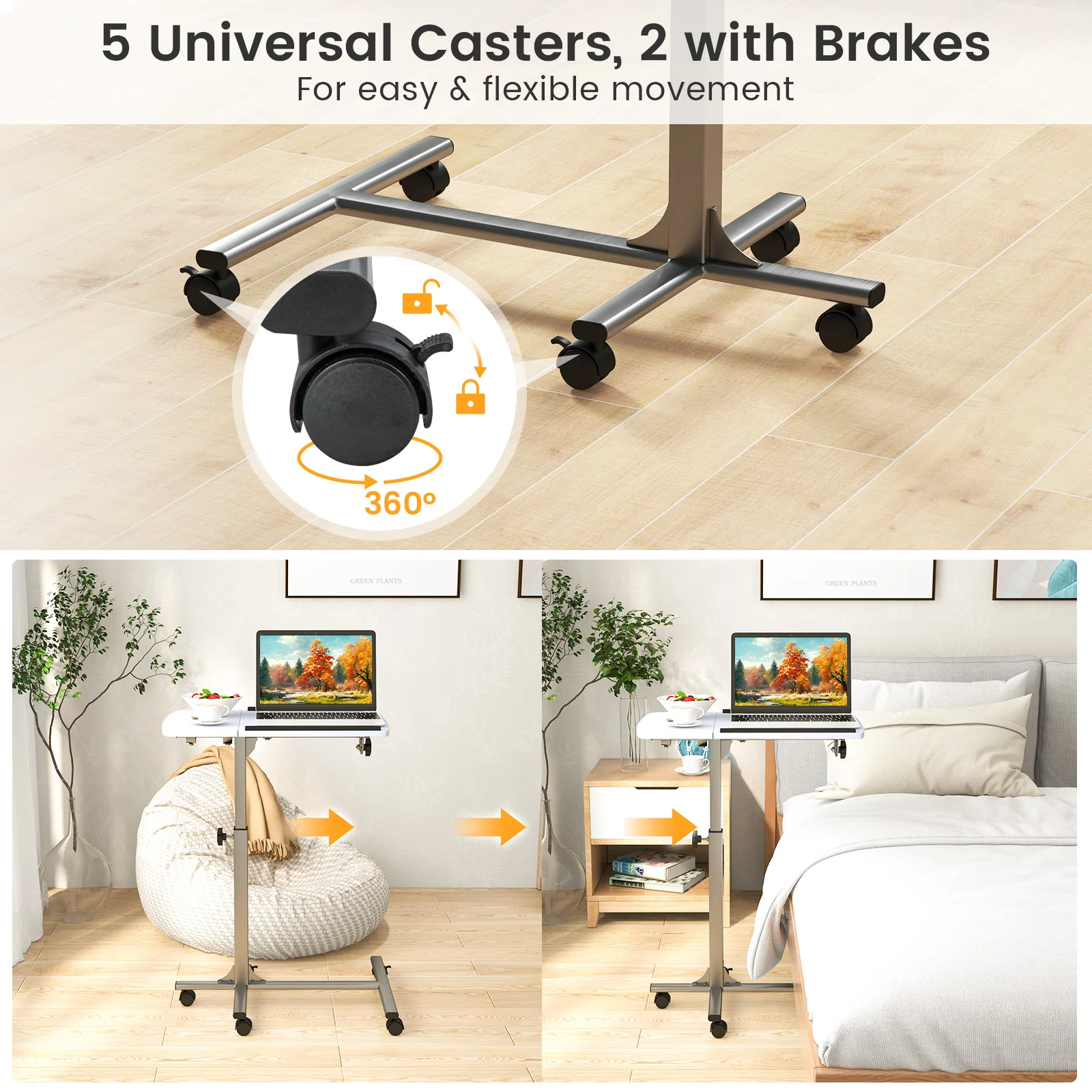 Adjustable Angle Height Rolling Laptop Table, White - Image 10