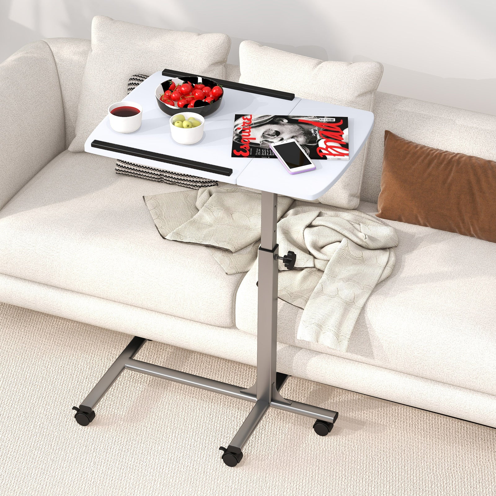 Adjustable Angle Height Rolling Laptop Table, White - Image 3