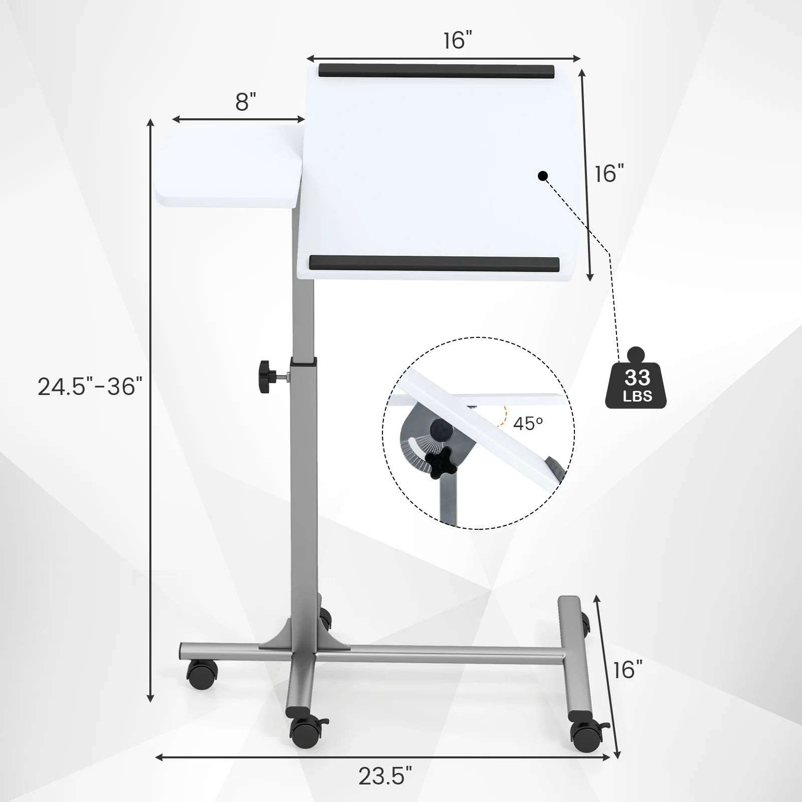 Adjustable Angle Height Rolling Laptop Table, White - Image 6