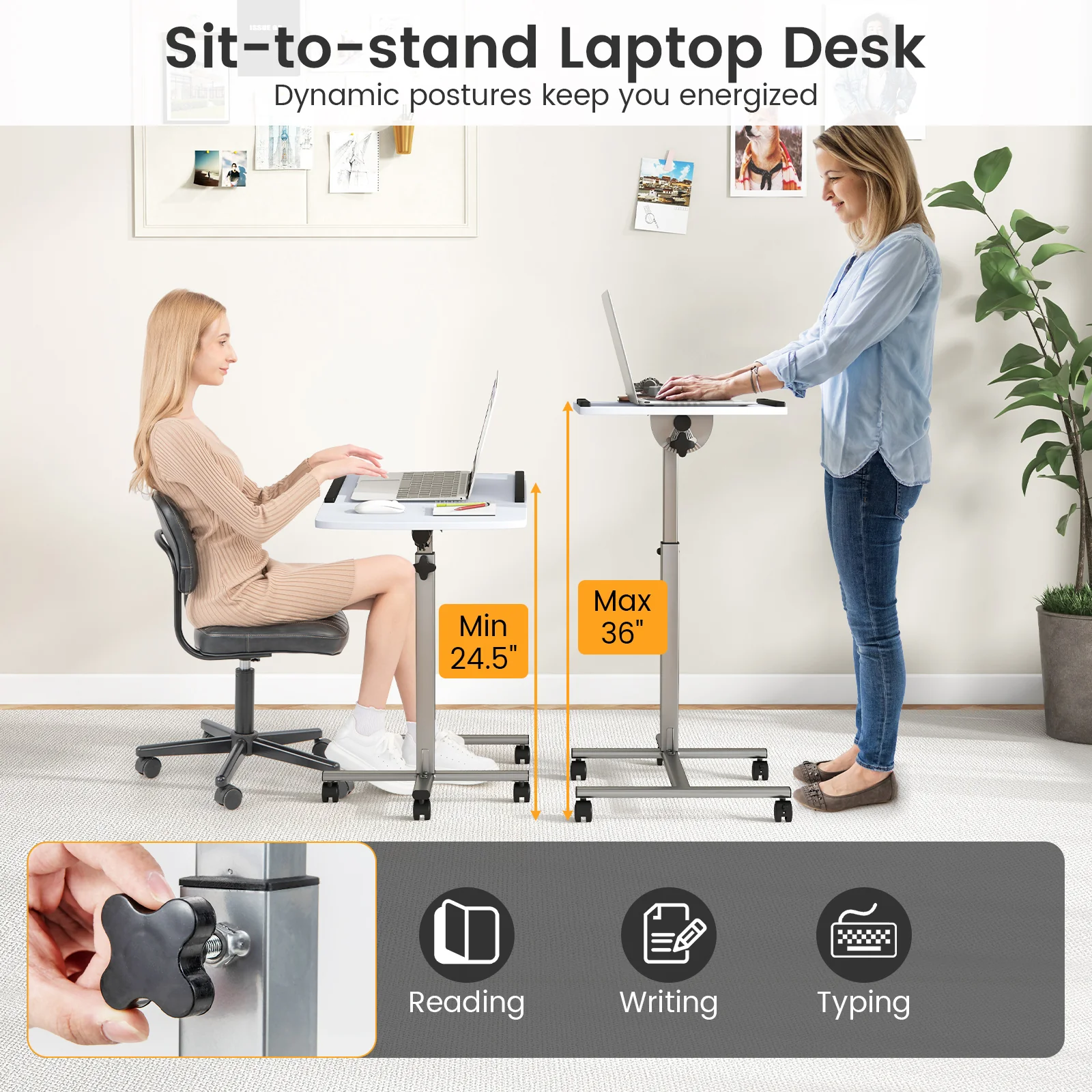 Adjustable Angle Height Rolling Laptop Table, White - Image 8