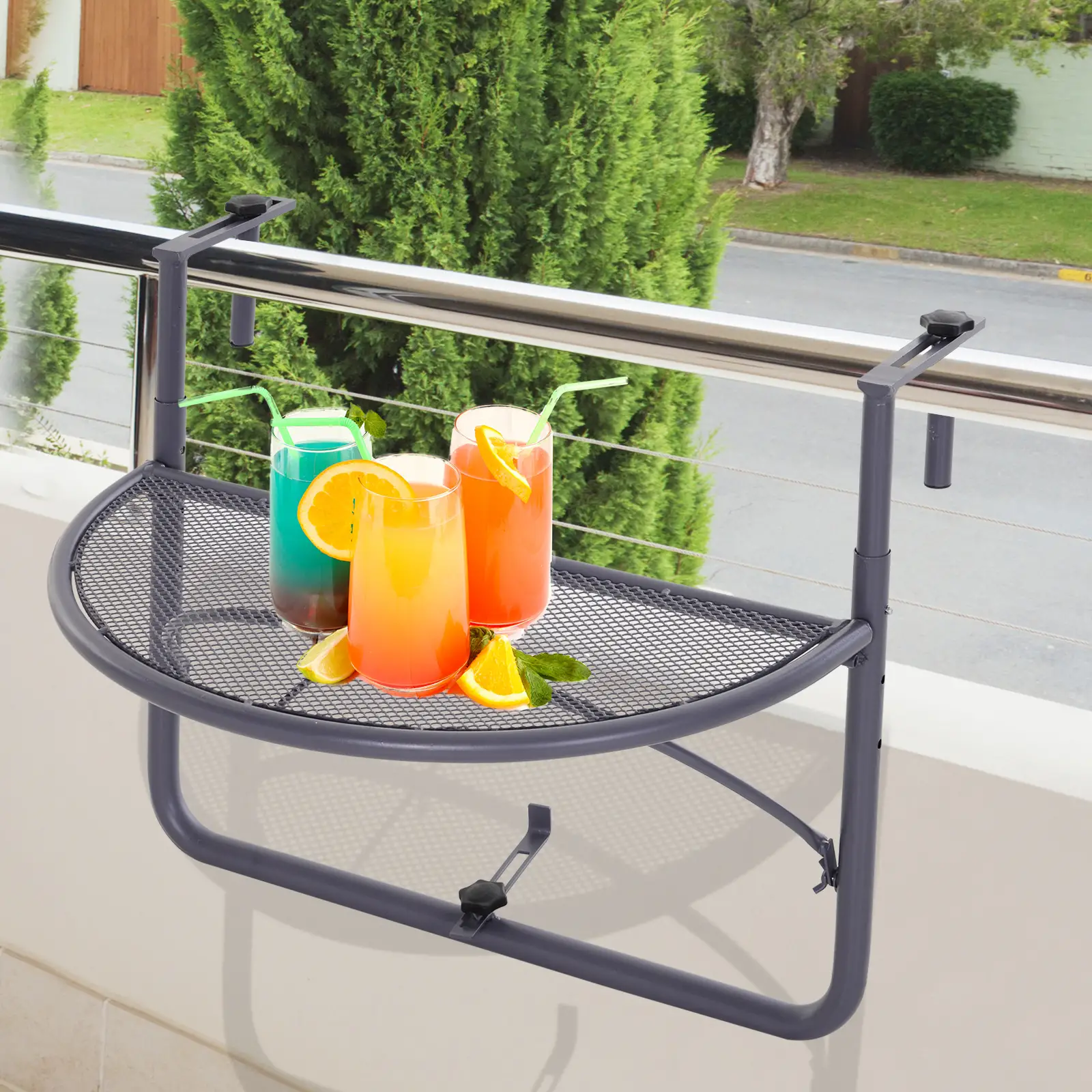 Adjustable Balcony Hanging Table, Metal Wall Desk, Outdoor Flower Stand, Half Round, Grey - Image 8