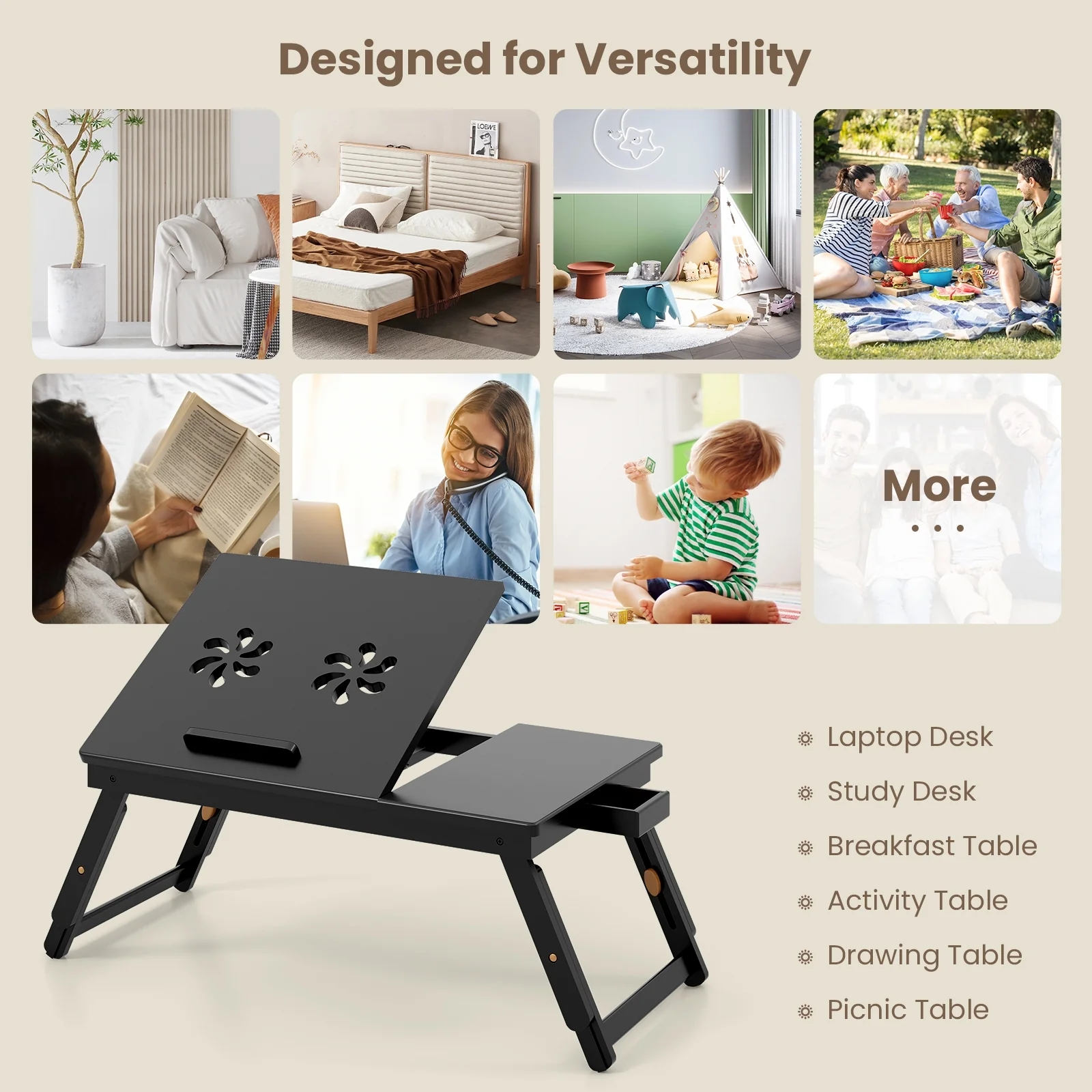 Adjustable Bamboo Laptop Desk, Tilting Top, Drawer, Brown - Image 10