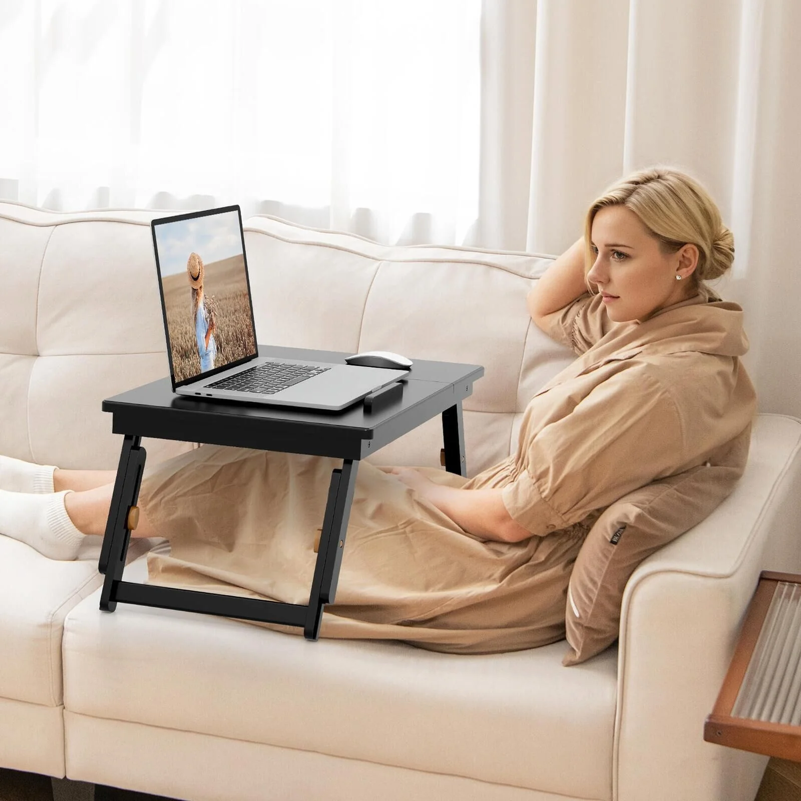 Adjustable Bamboo Laptop Desk, Tilting Top, Drawer, Brown - Image 2