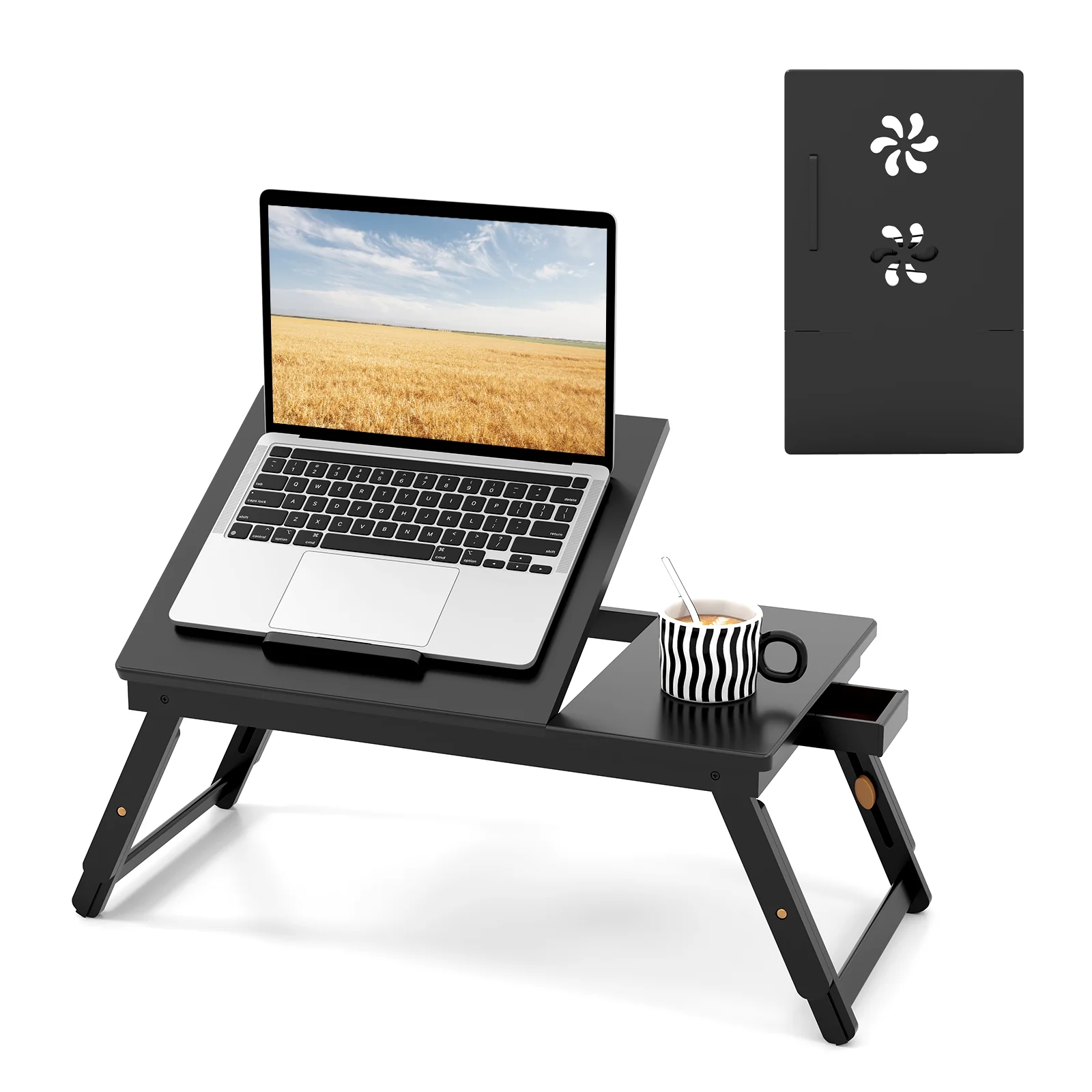 Adjustable Bamboo Laptop Desk, Tilting Top, Drawer, Brown - Image 4