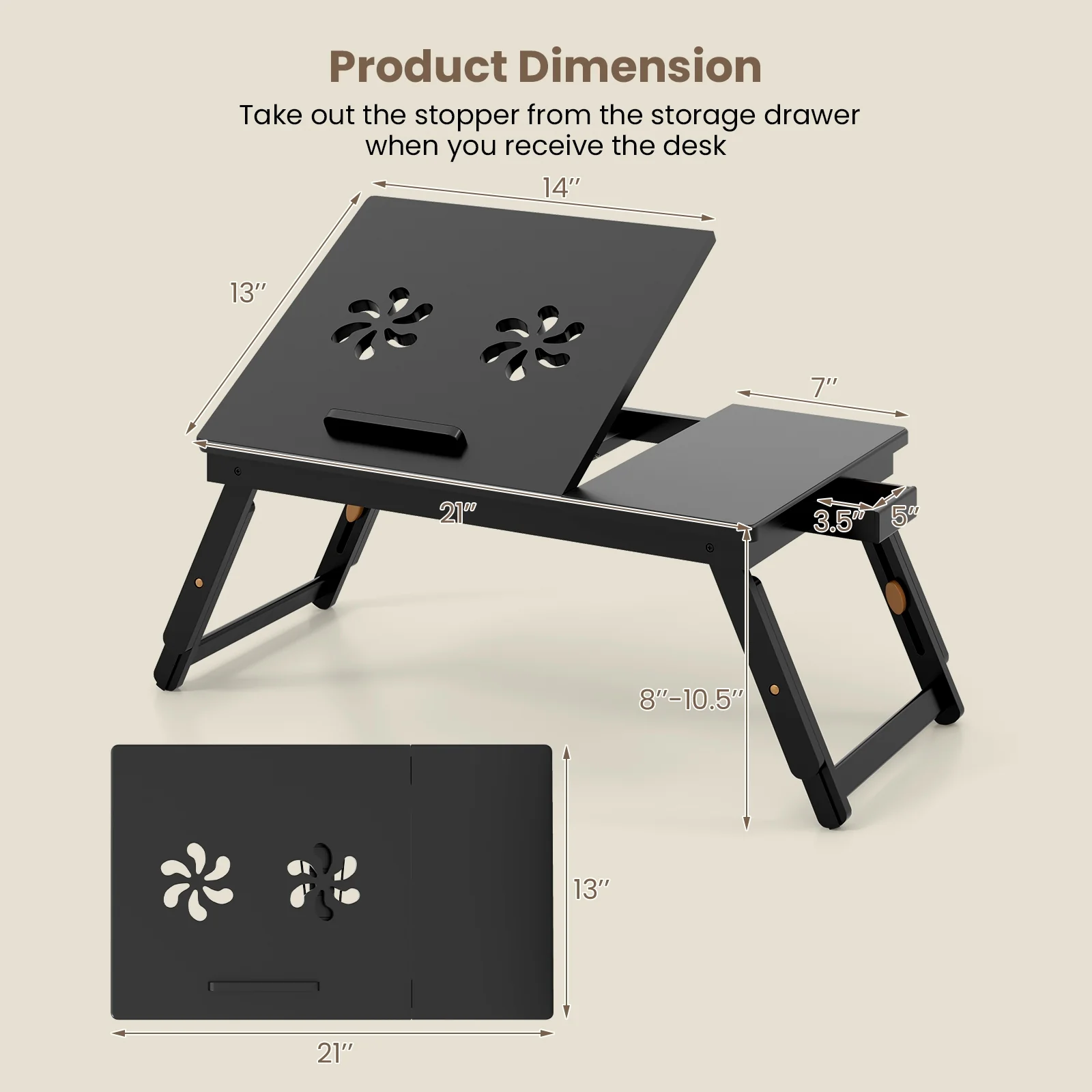 Adjustable Bamboo Laptop Desk, Tilting Top, Drawer, Brown - Image 5