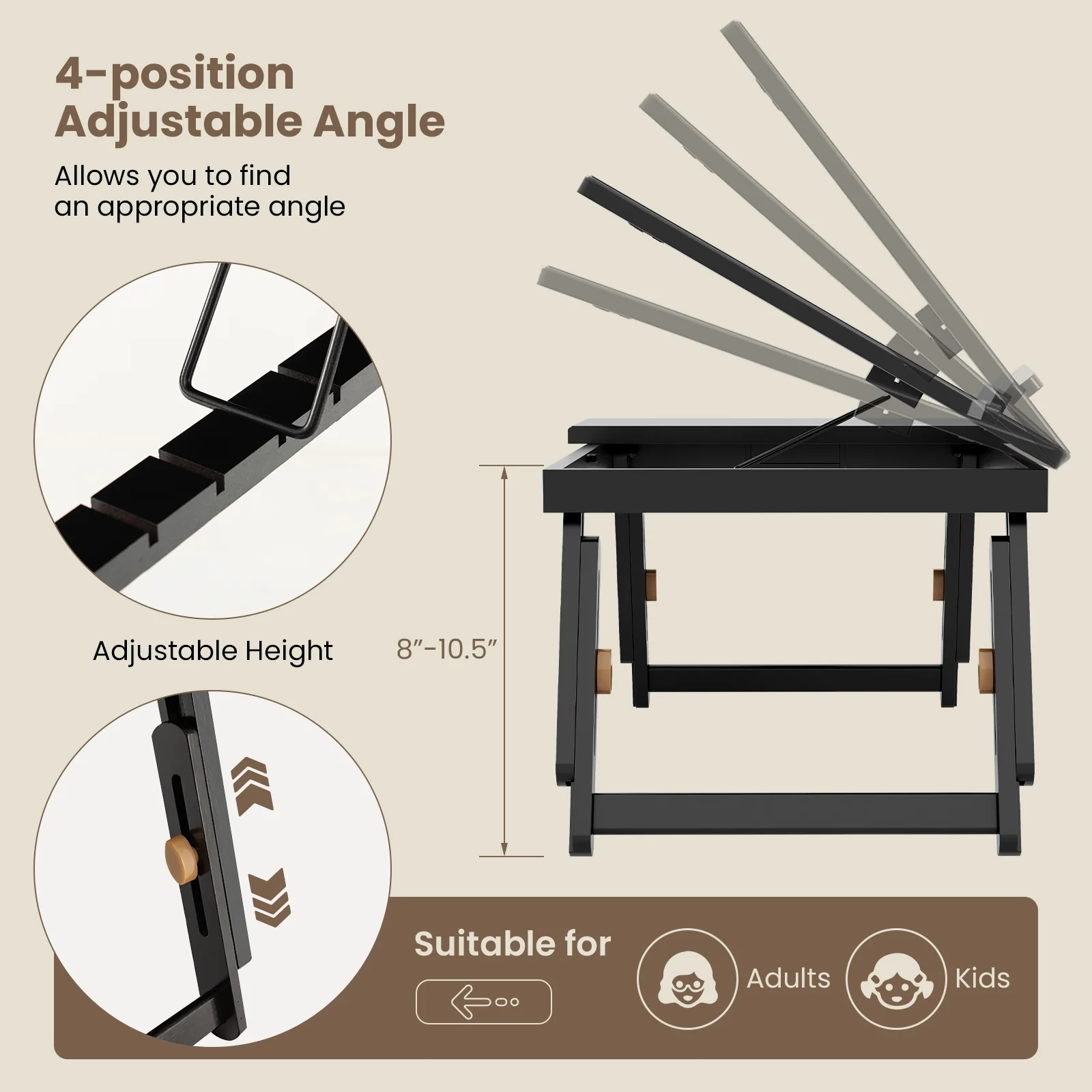 Adjustable Bamboo Laptop Desk, Tilting Top, Drawer, Brown - Image 7