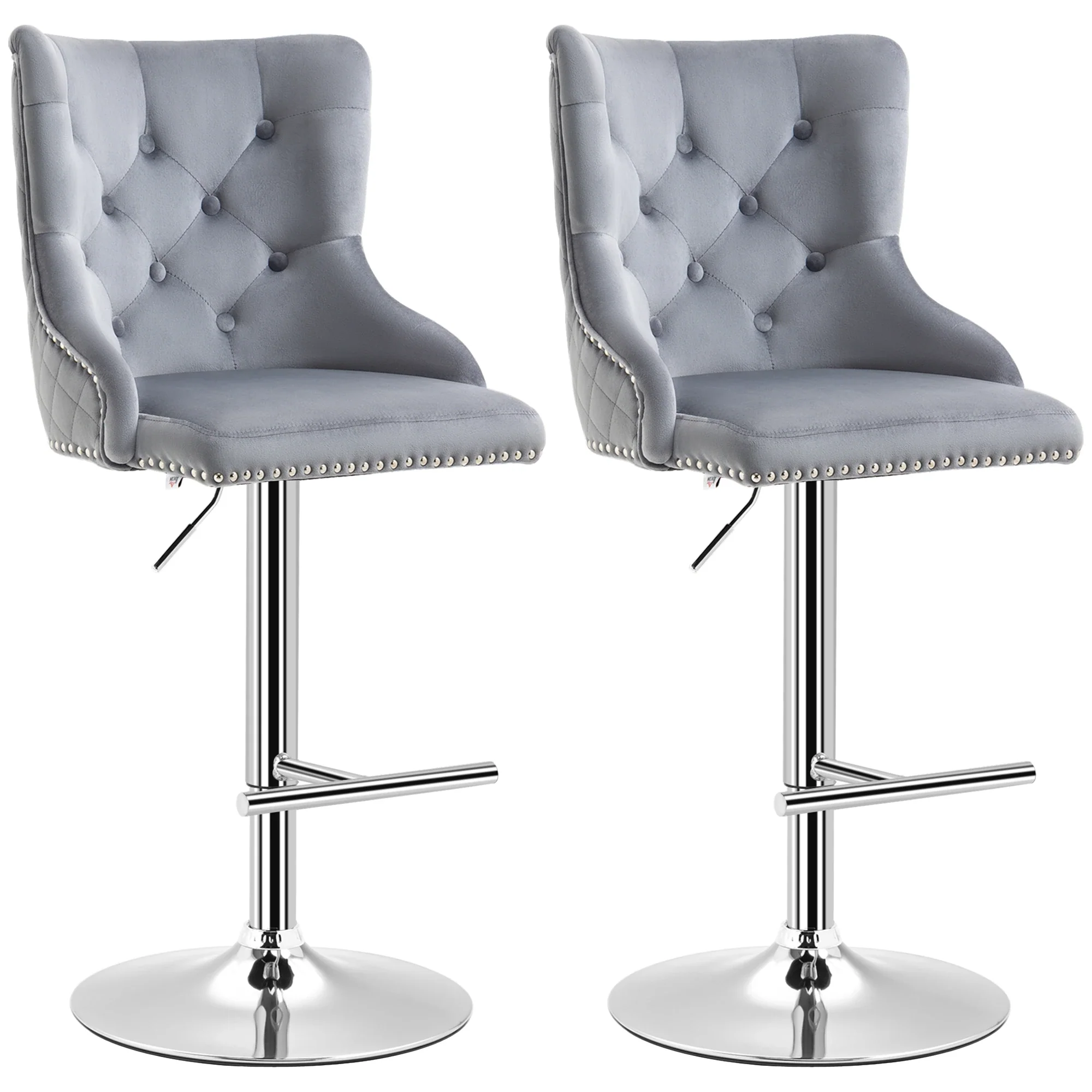 Adjustable Bar Stools Set of 2, Swivel Velvet, Counter Height, Grey