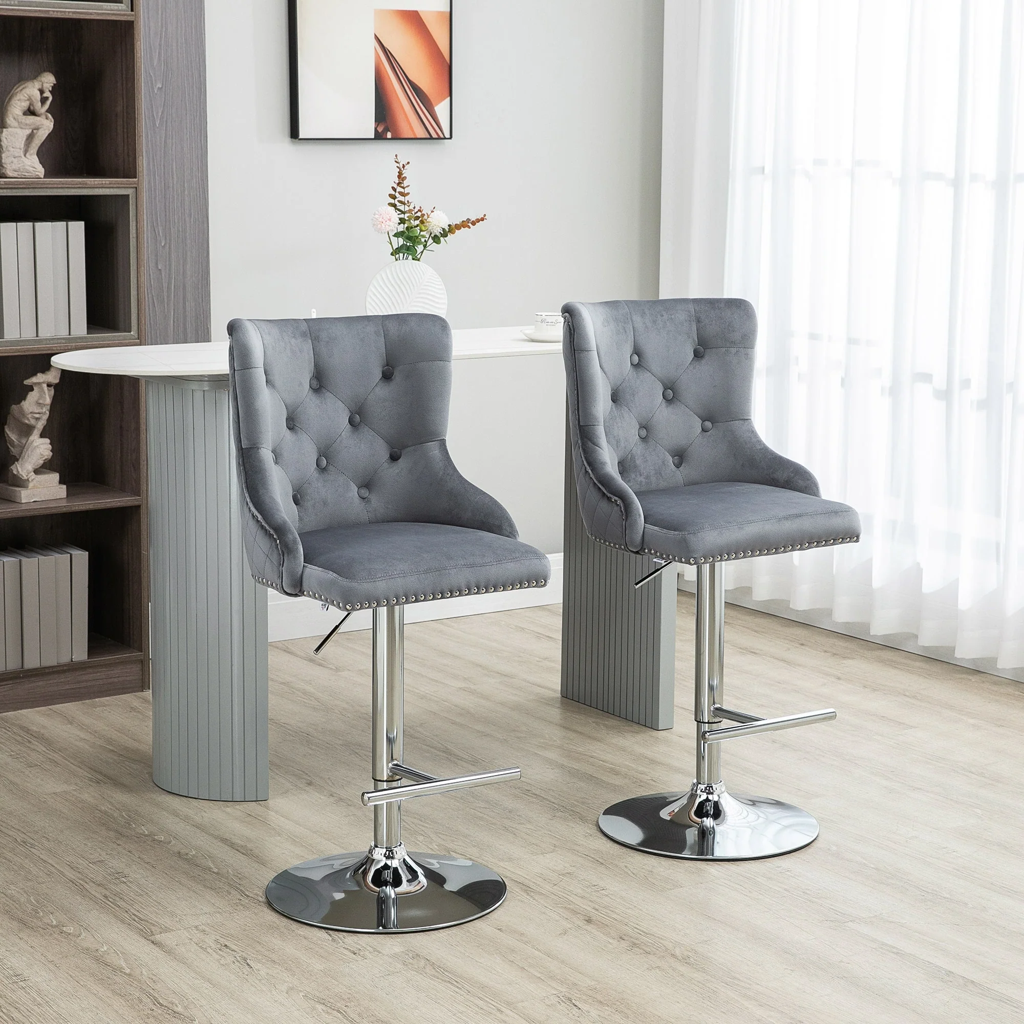 Adjustable Bar Stools Set of 2, Swivel Velvet, Counter Height, Grey - Image 2