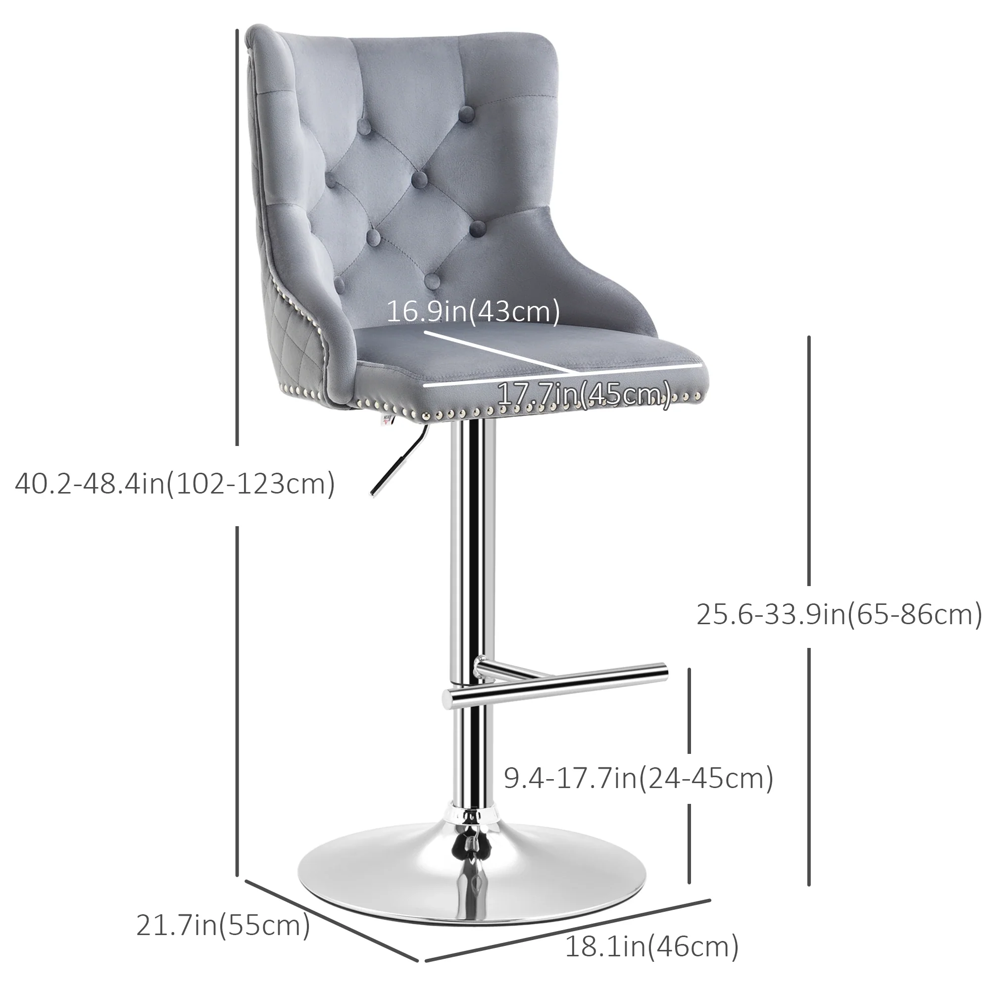 Adjustable Bar Stools Set of 2, Swivel Velvet, Counter Height, Grey - Image 3