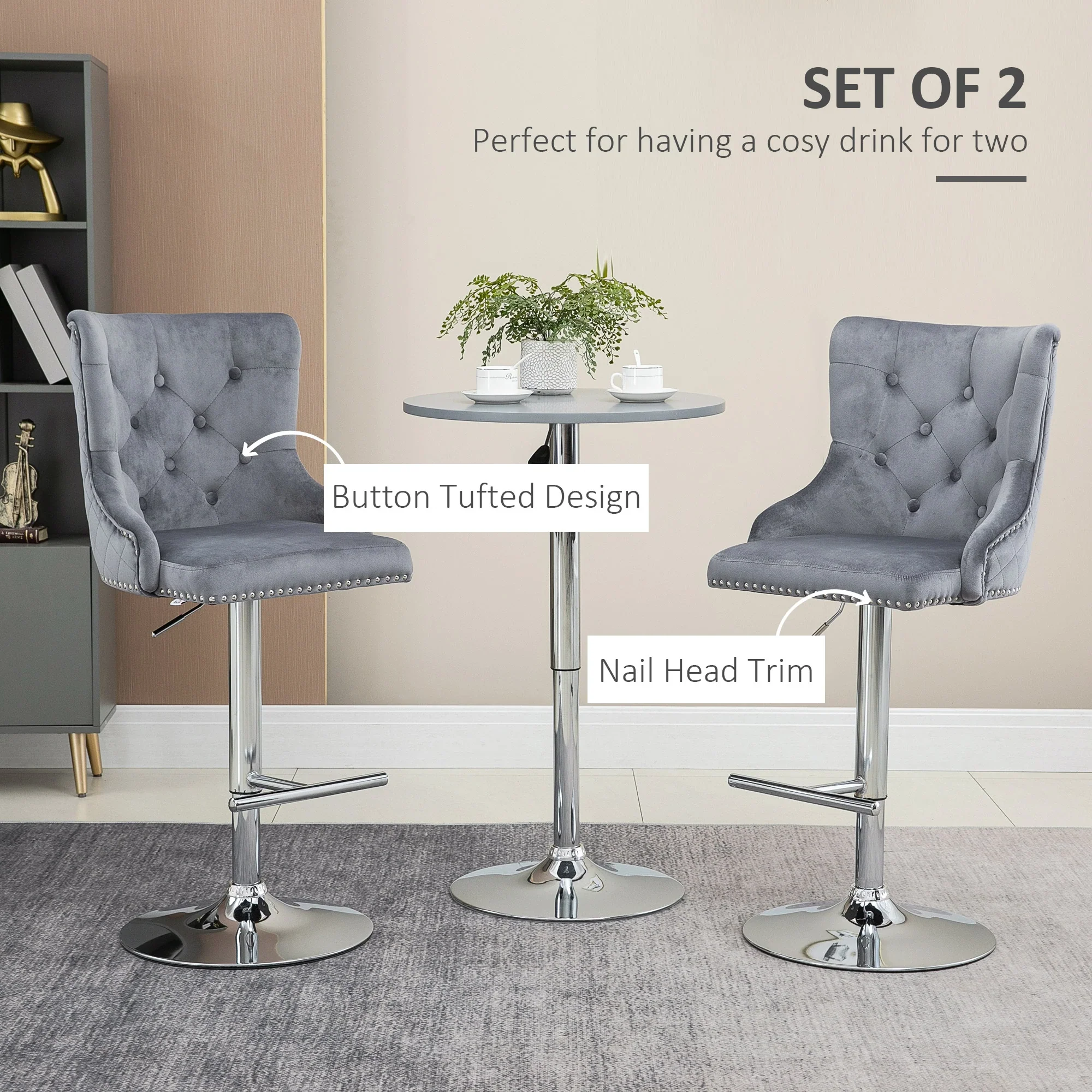 Adjustable Bar Stools Set of 2, Swivel Velvet, Counter Height, Grey - Image 4