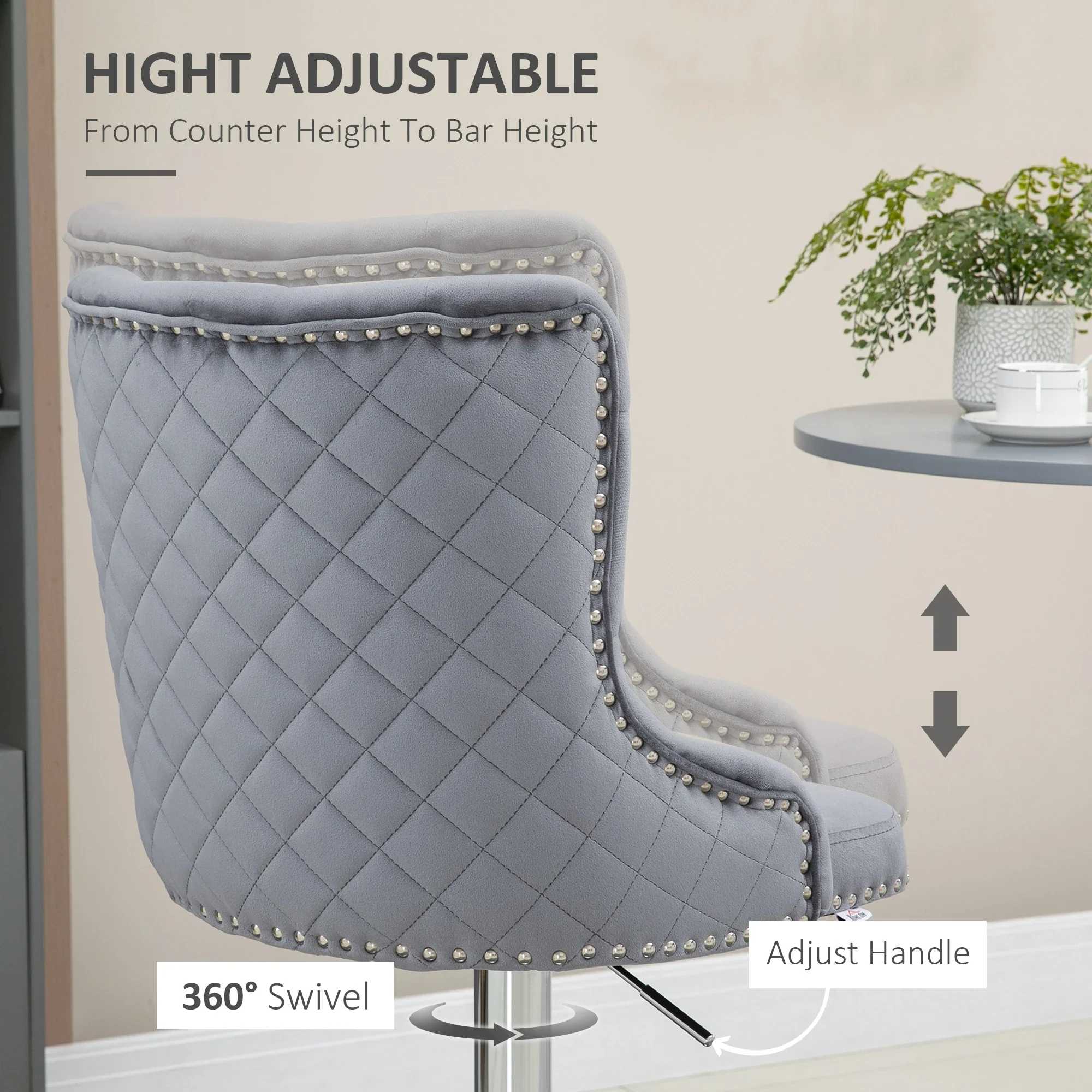 Adjustable Bar Stools Set of 2, Swivel Velvet, Counter Height, Grey - Image 5