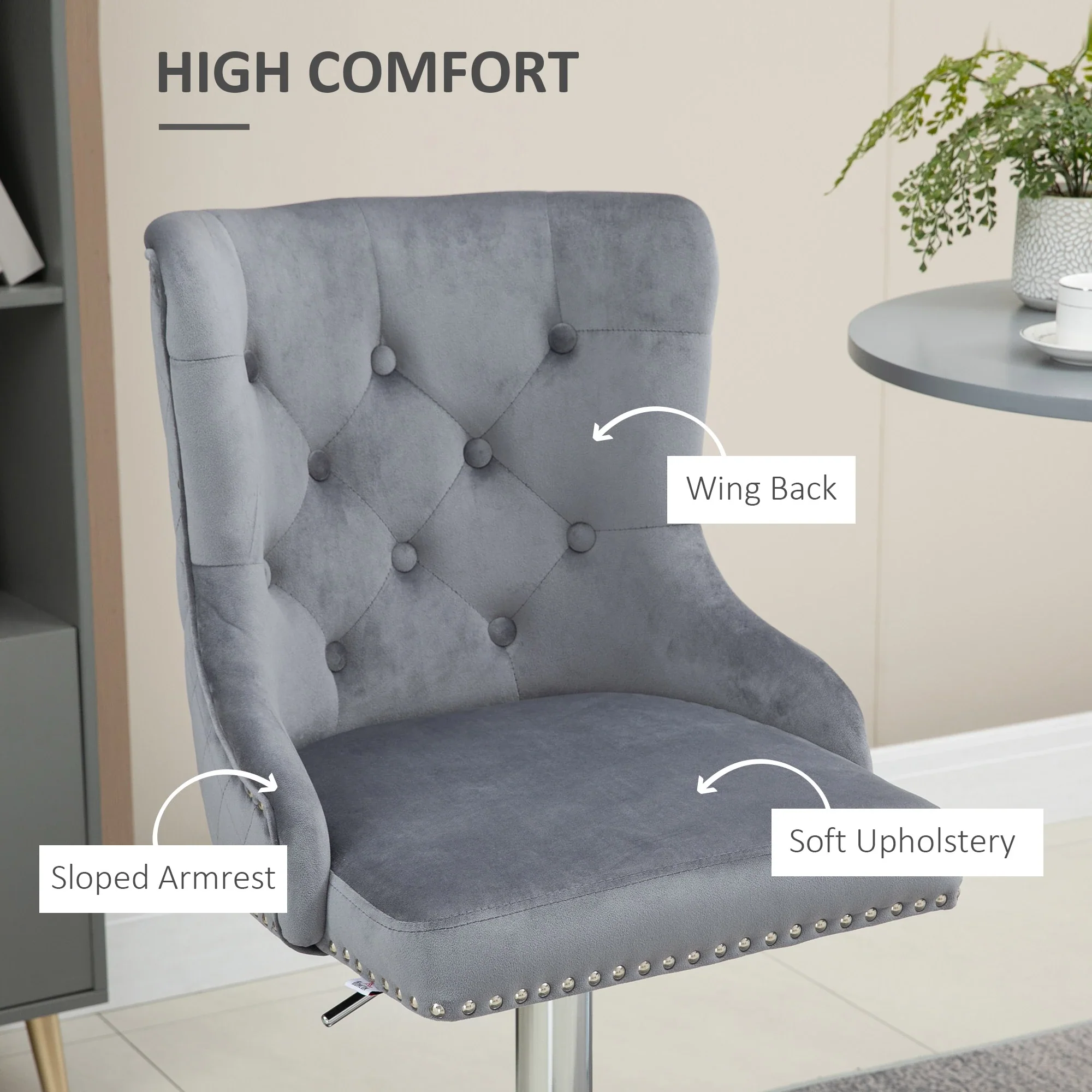 Adjustable Bar Stools Set of 2, Swivel Velvet, Counter Height, Grey - Image 6