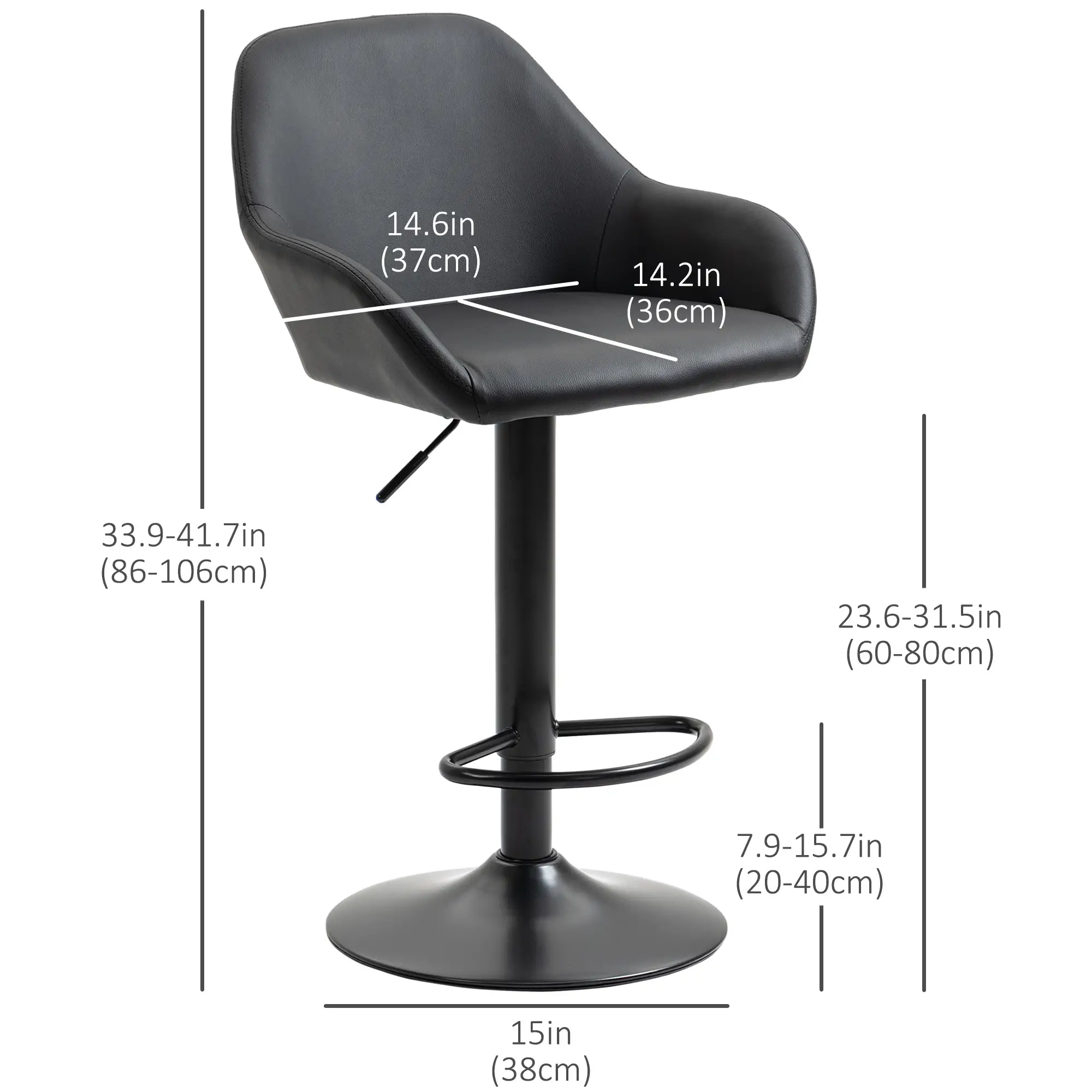 Adjustable Bar Stools Set of 2, Swivel with Footrest, PU Leather, Black - Image 3