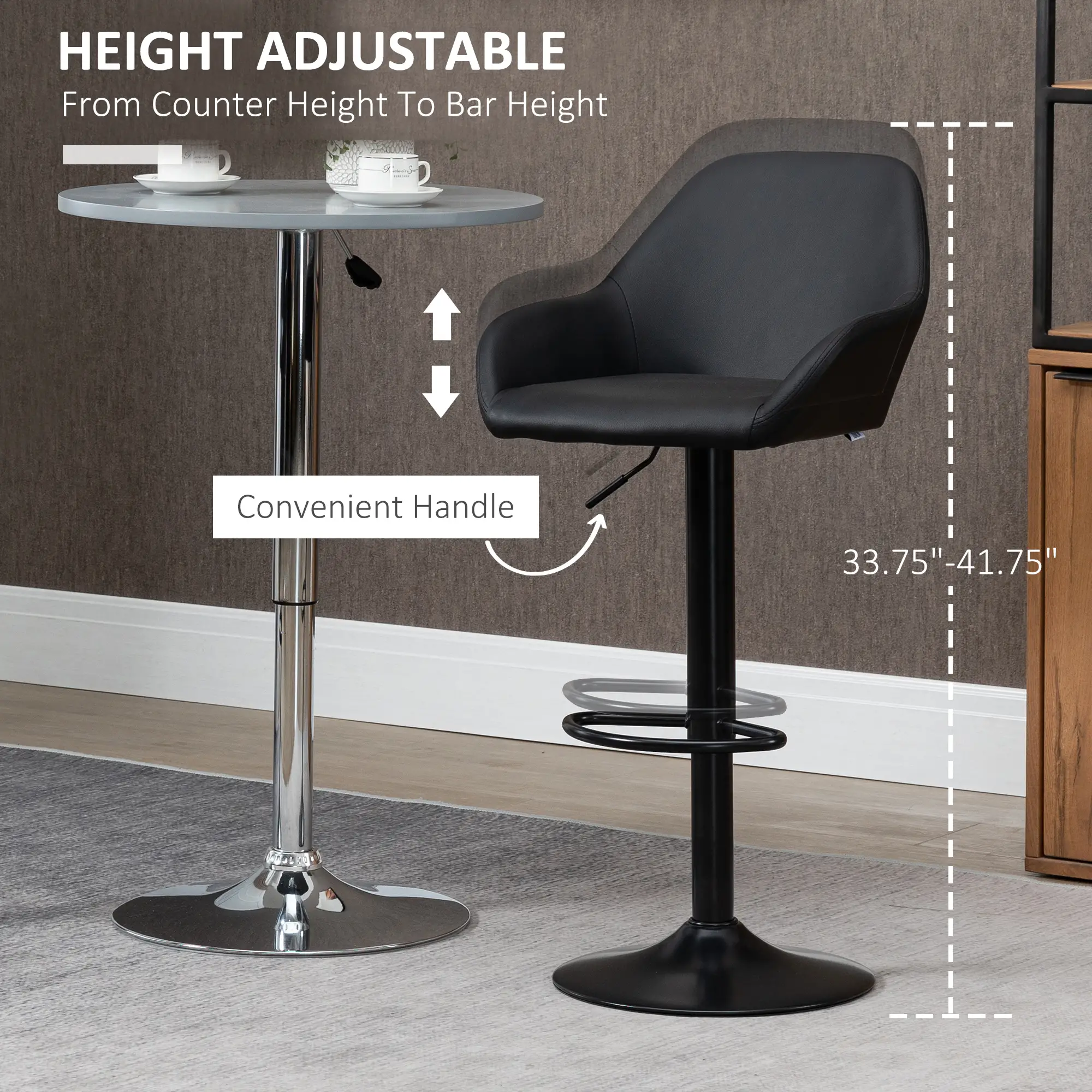 Adjustable Bar Stools Set of 2, Swivel with Footrest, PU Leather, Black - Image 5