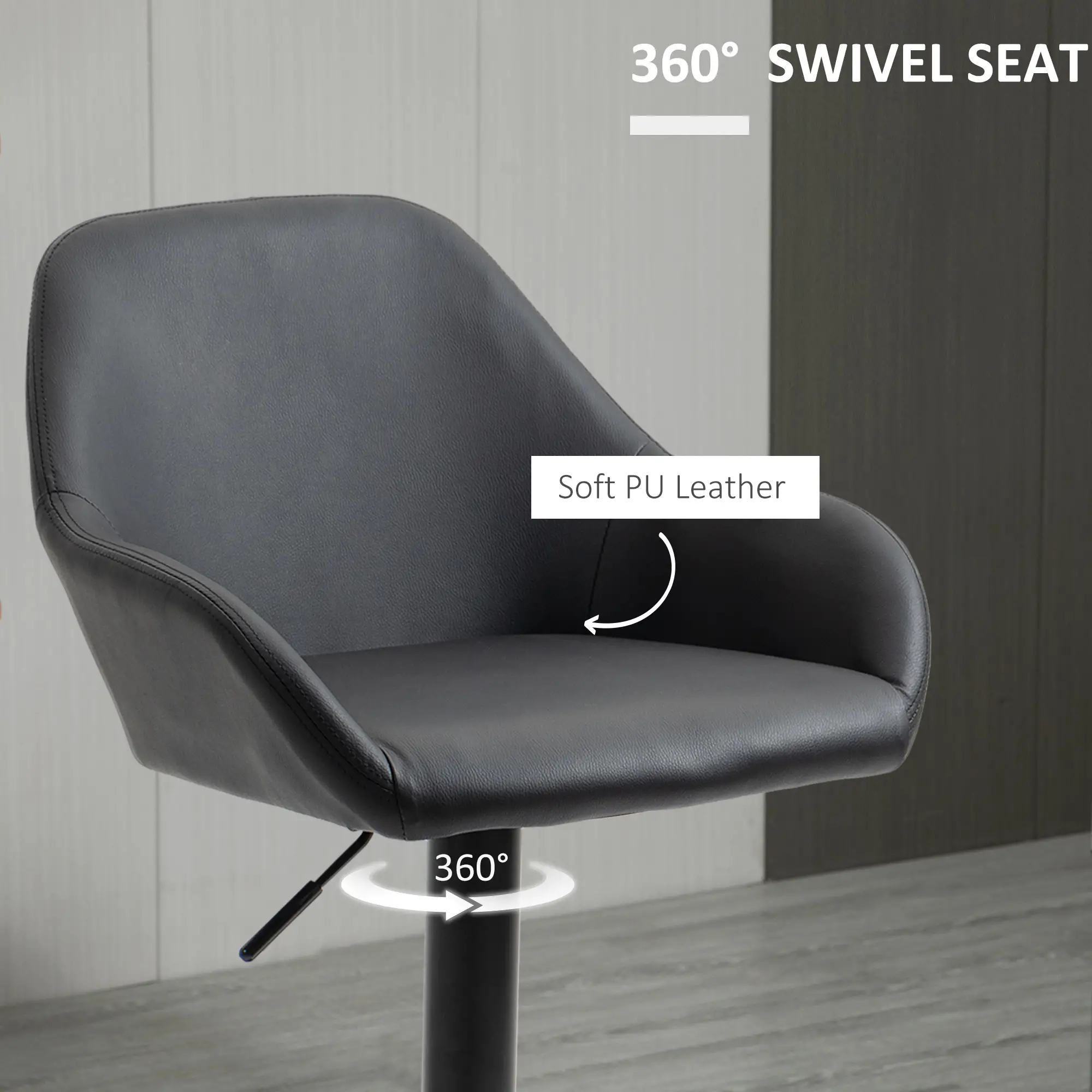 Adjustable Bar Stools Set of 2, Swivel with Footrest, PU Leather, Black - Image 6