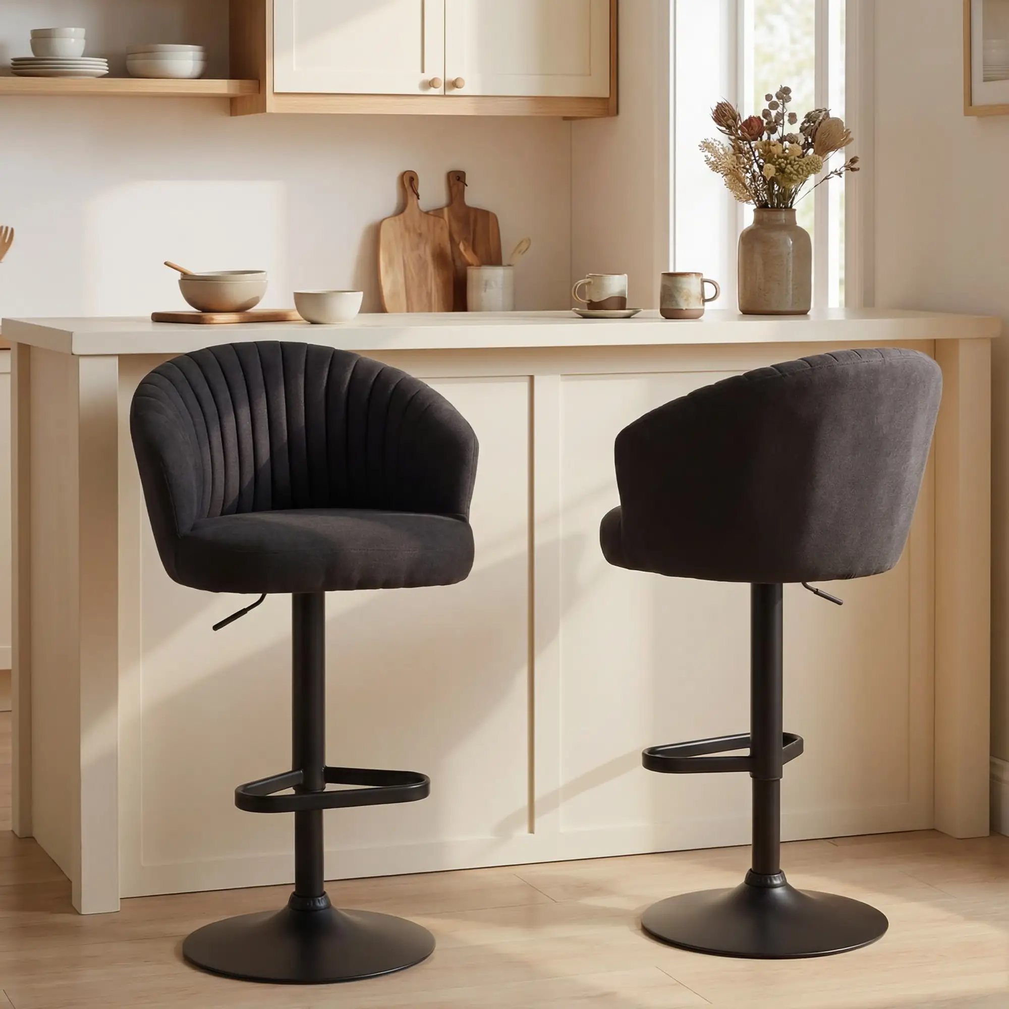 Adjustable Bar Stools Set of 2, Upholstered Kitchen Stools, Steel Frame, Black - Image 2