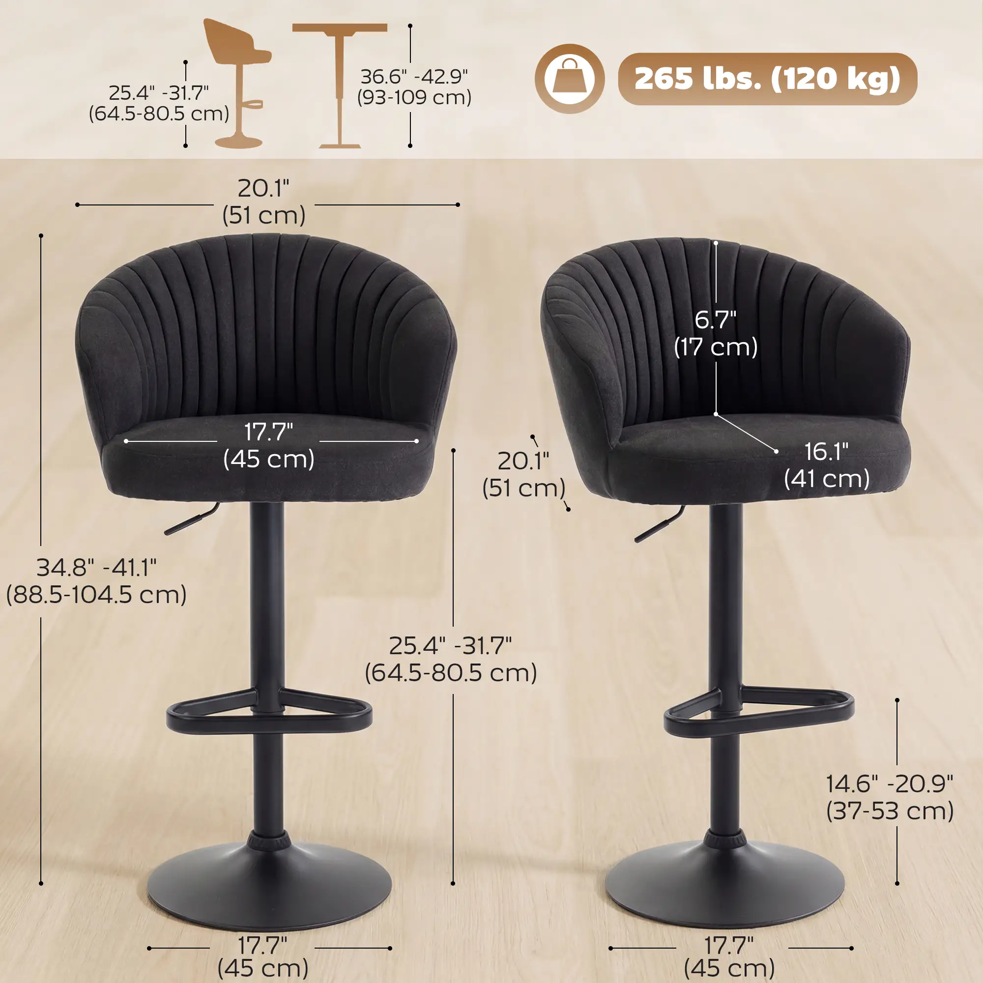 Adjustable Bar Stools Set of 2, Upholstered Kitchen Stools, Steel Frame, Black - Image 3