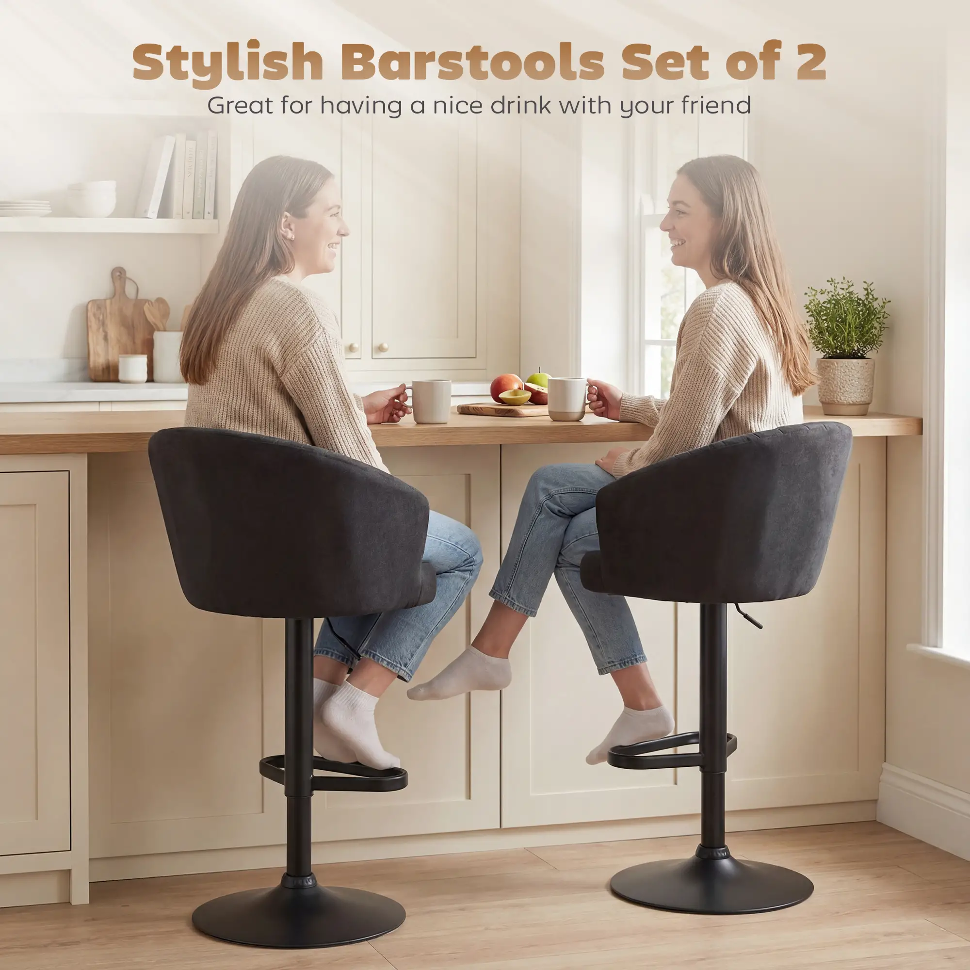Adjustable Bar Stools Set of 2, Upholstered Kitchen Stools, Steel Frame, Black - Image 4