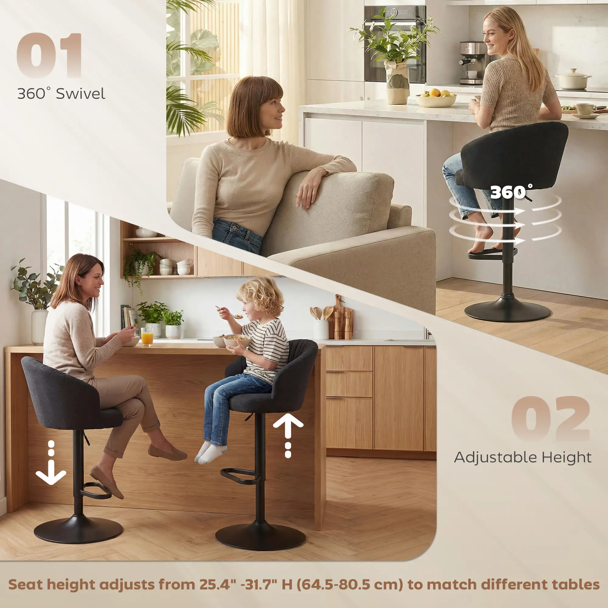 Adjustable Bar Stools Set of 2, Upholstered Kitchen Stools, Steel Frame, Black - Image 5