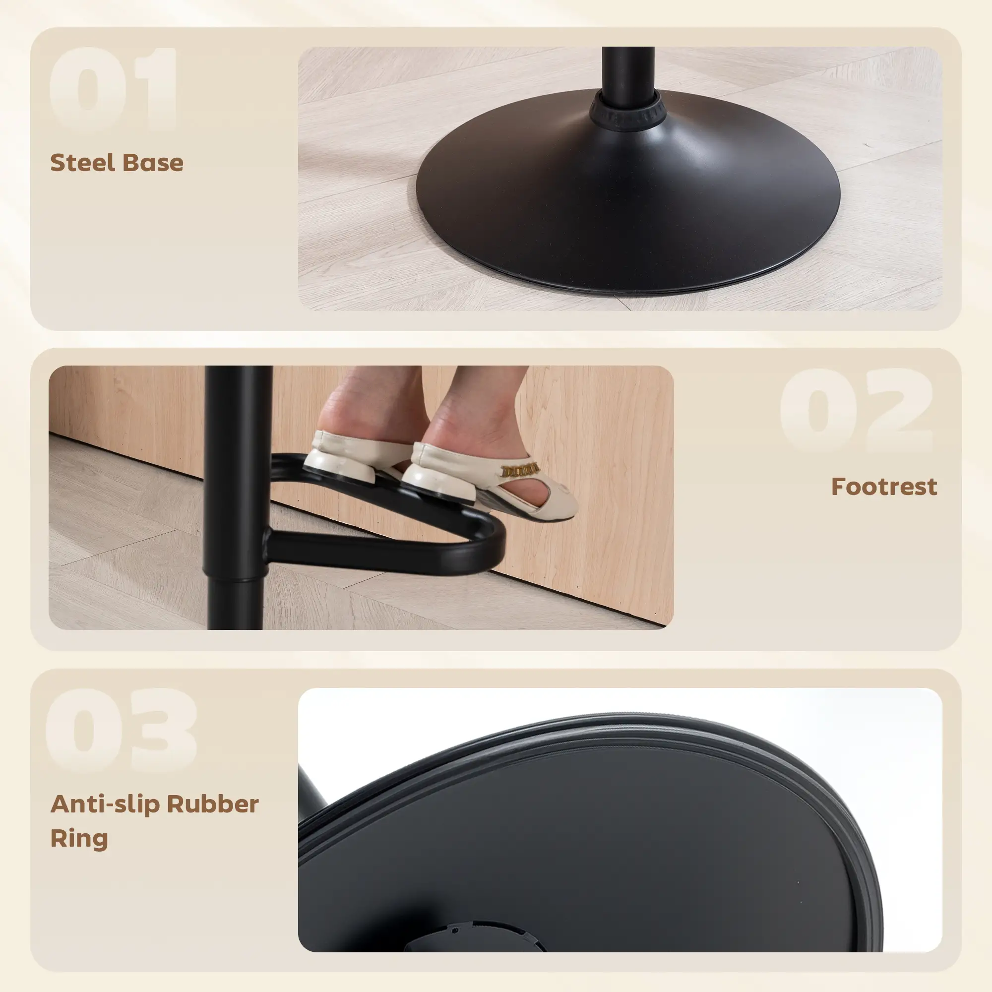 Adjustable Bar Stools Set of 2, Upholstered Kitchen Stools, Steel Frame, Black - Image 6