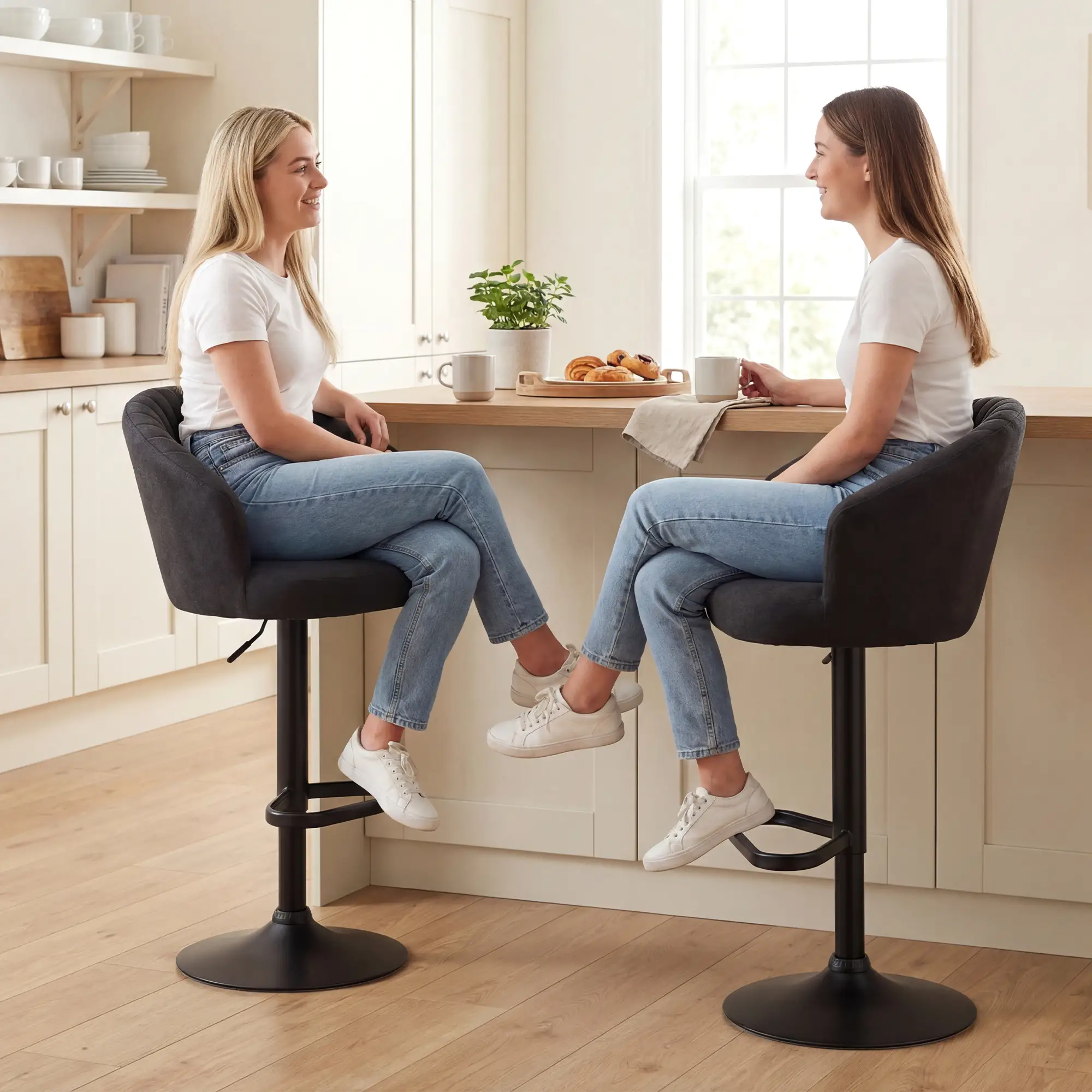 Adjustable Bar Stools Set of 2, Upholstered Kitchen Stools, Steel Frame, Black - Image 7