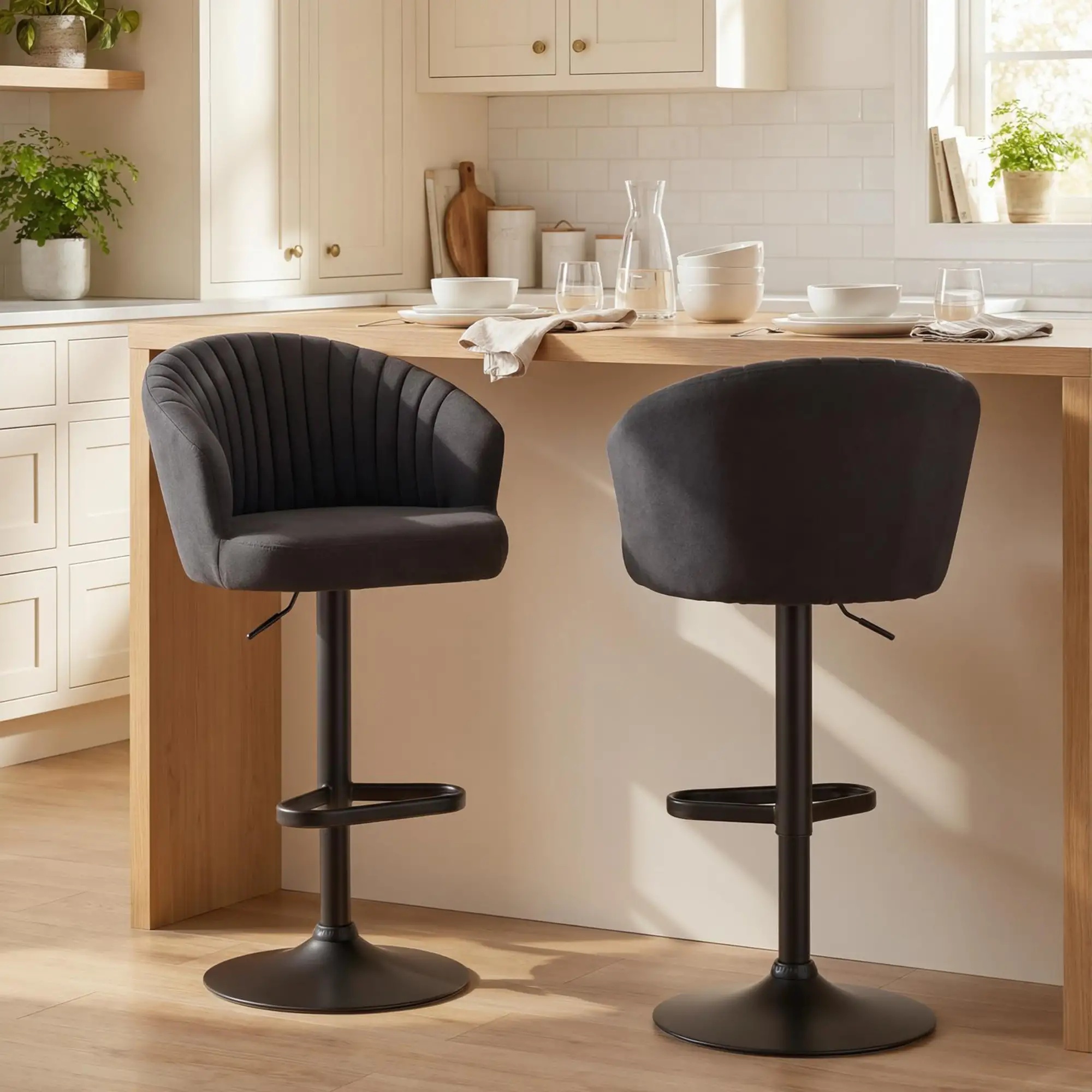 Adjustable Bar Stools Set of 2, Upholstered Kitchen Stools, Steel Frame, Black - Image 8