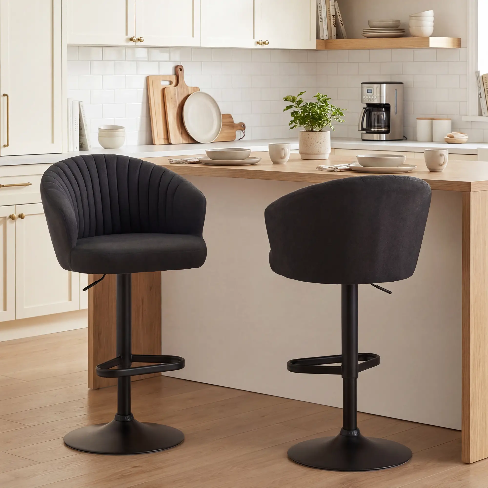 Adjustable Bar Stools Set of 2, Upholstered Kitchen Stools, Steel Frame, Black - Image 9
