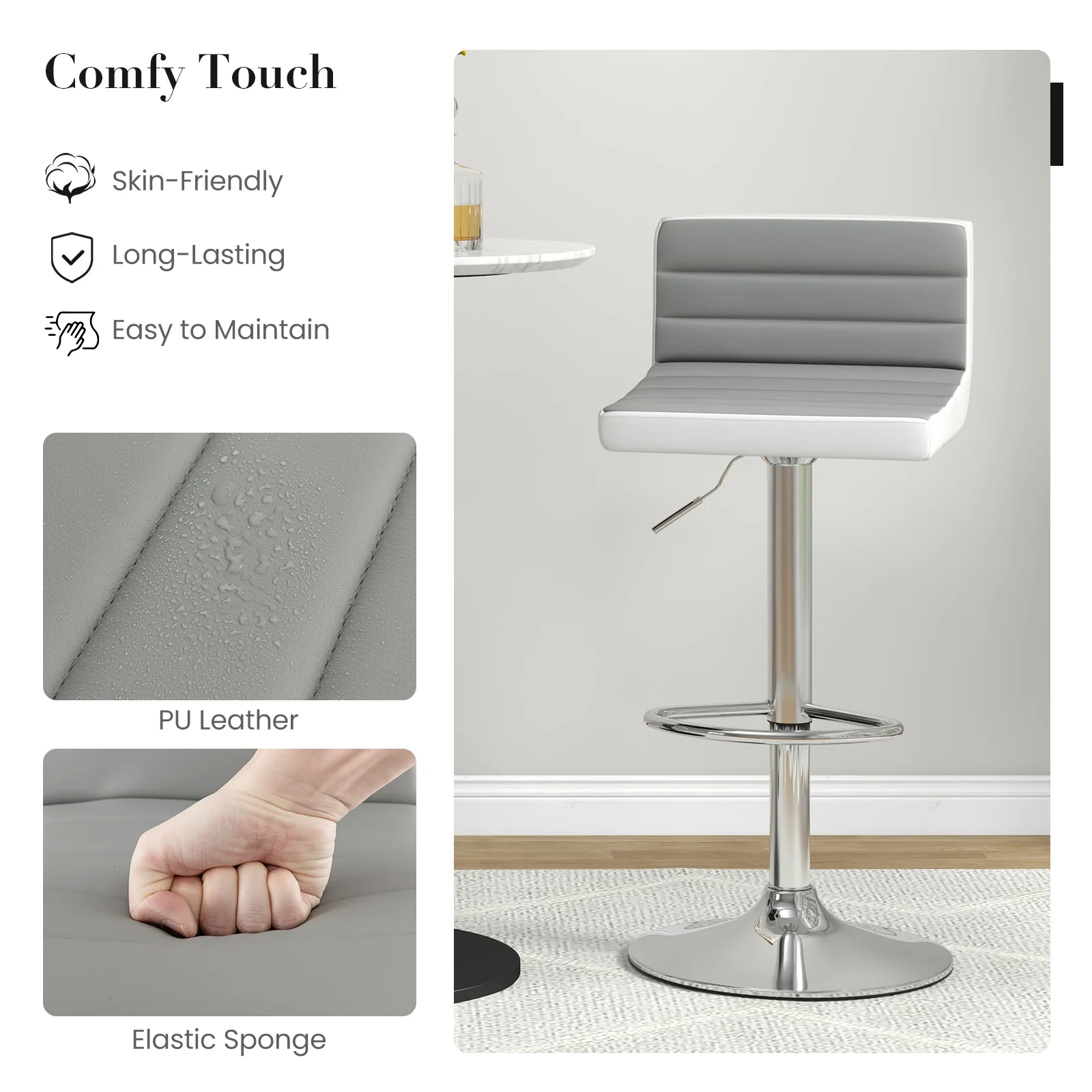 Adjustable Barstool Set, 2 Pack, PU Leather, Gray - Image 9