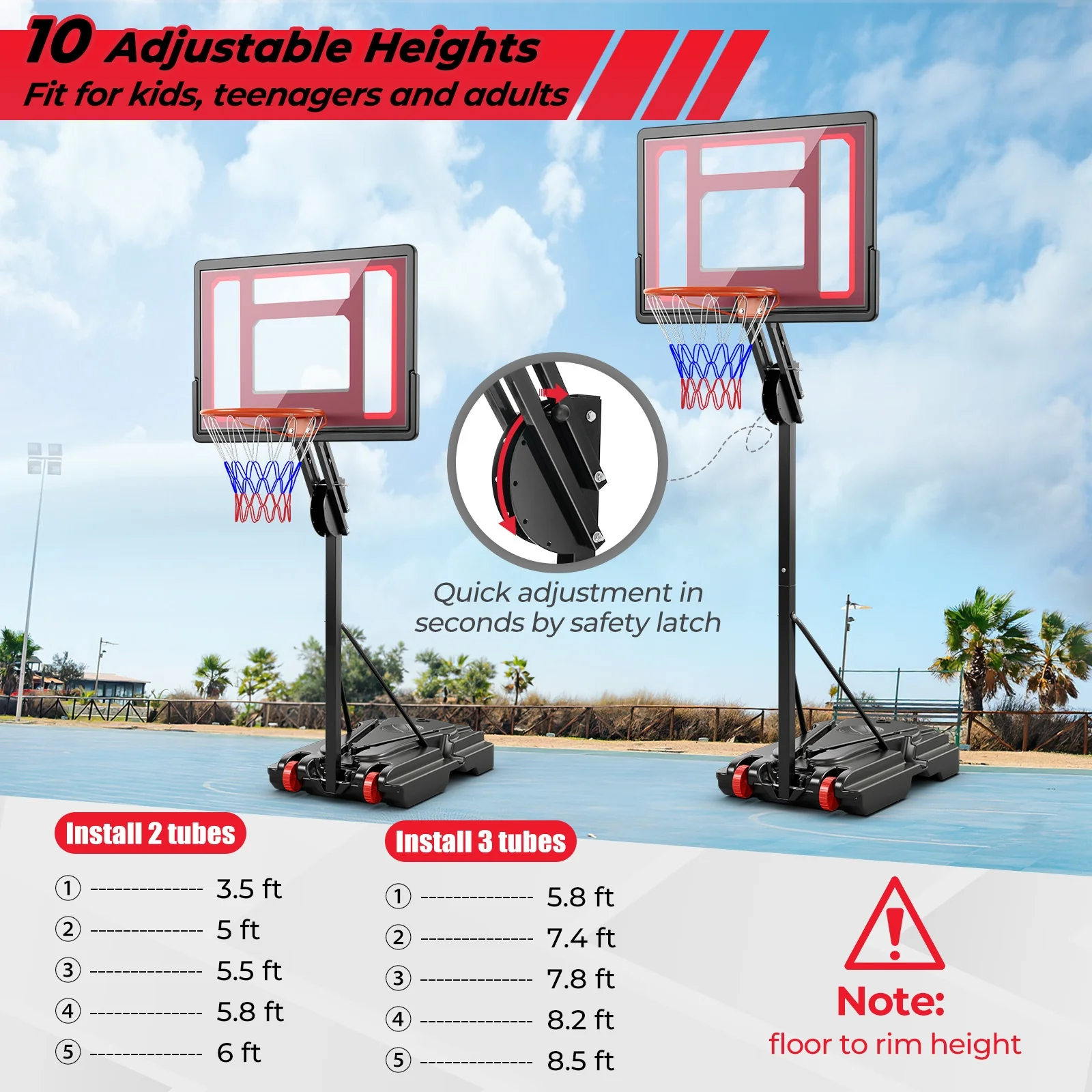 Adjustable Basketball Hoop, 5-10 Feet Height, Indoor Outdoor, Black - Image 7