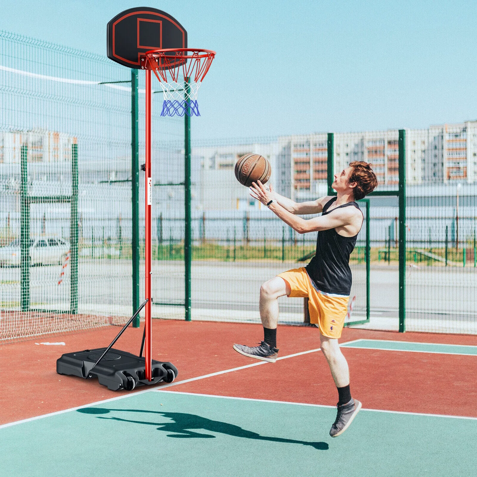 Adjustable Basketball Hoop System, Portable With 2 Wheels, Fillable Base, Red - Image 2