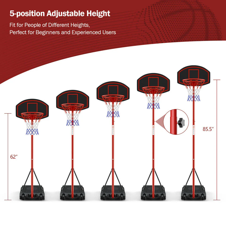 Adjustable Basketball Hoop System, Portable With 2 Wheels, Fillable Base, Red - Image 8